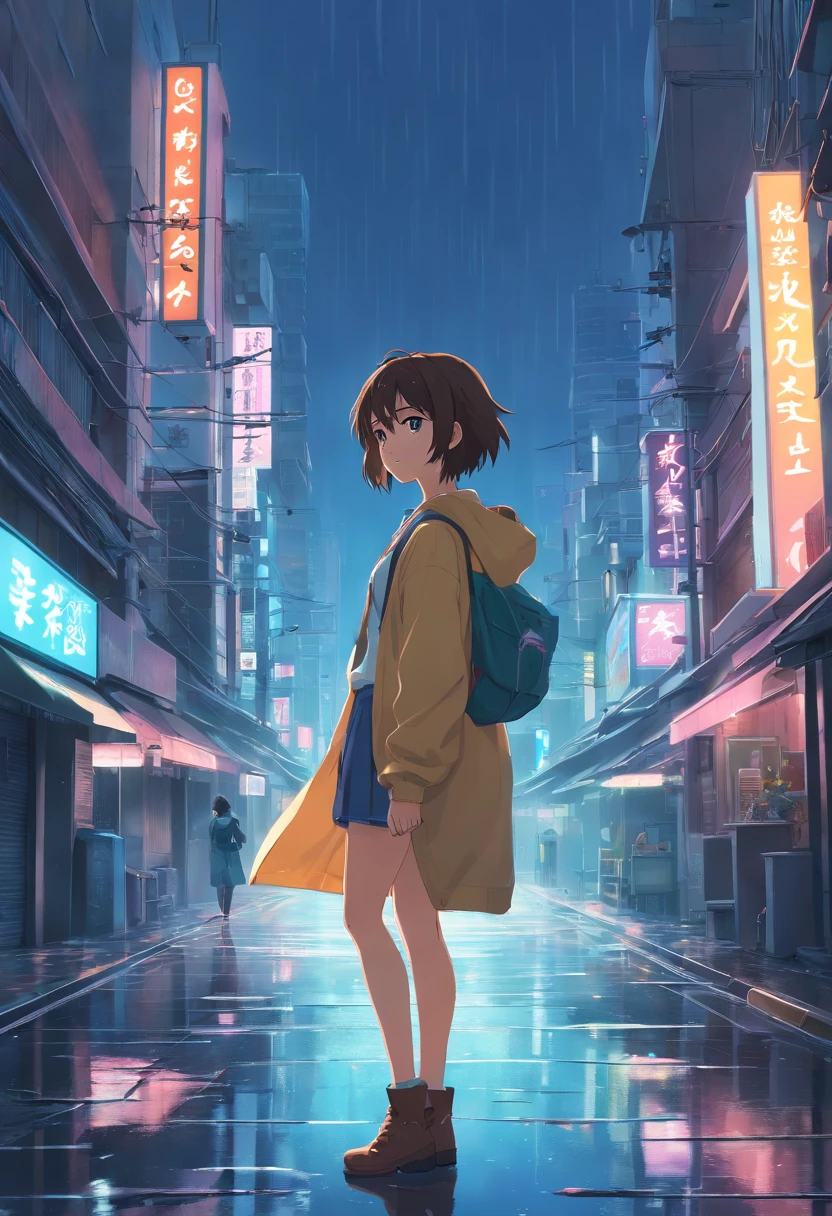 1girl, 8k, ultra realista, cabelos longos loiros, sorrindo, clear sky, sol, cidade, andando sobre a rua cyberpunk city chuva dark