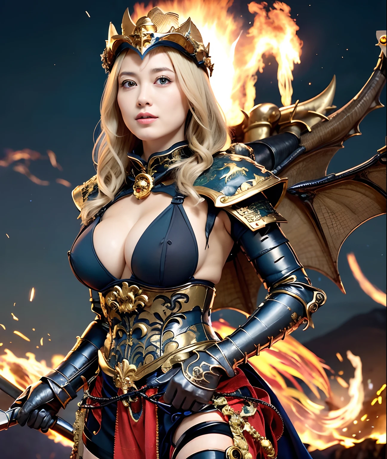 Professional , masterpiece、top-quality、photos realistic , depth of fields 、(Dragon Black Metal Body:1.9),(Matte Blue Black、(cleavage of the breast)、Dragon Gold Weapon、(Micro Bikini Armor:1.4),Gorgeous gold weapons ,(Fight dragons)、Seductive look、(( Dragon's dense and gorgeous sword)) , (demonic wings) ,Detail and gorgeous crown、((a blond))、(Castle background)、((Gangle's forest background))、Beautiful Caucasian beauty、1a person、dynamic ungle,(((Detailed and ornate dragon helmet)))、Smaller head、A smile、Castle background、Thin and beautiful female hands、cleavage of the breast、Soldier in iron armor on background、Mystical expression、Light Effects、intense fighting、Wind-effect、magic circles、With the legendary magic wand、Dragon's tail、explosions、