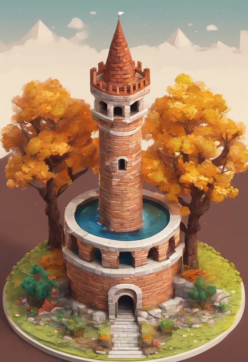 absurderes, Best Quality, Fantasy, isometric, Noring Style (Miniature Brick Round Tower:1.2), tree, Stone wall, (Simple background:1.2)