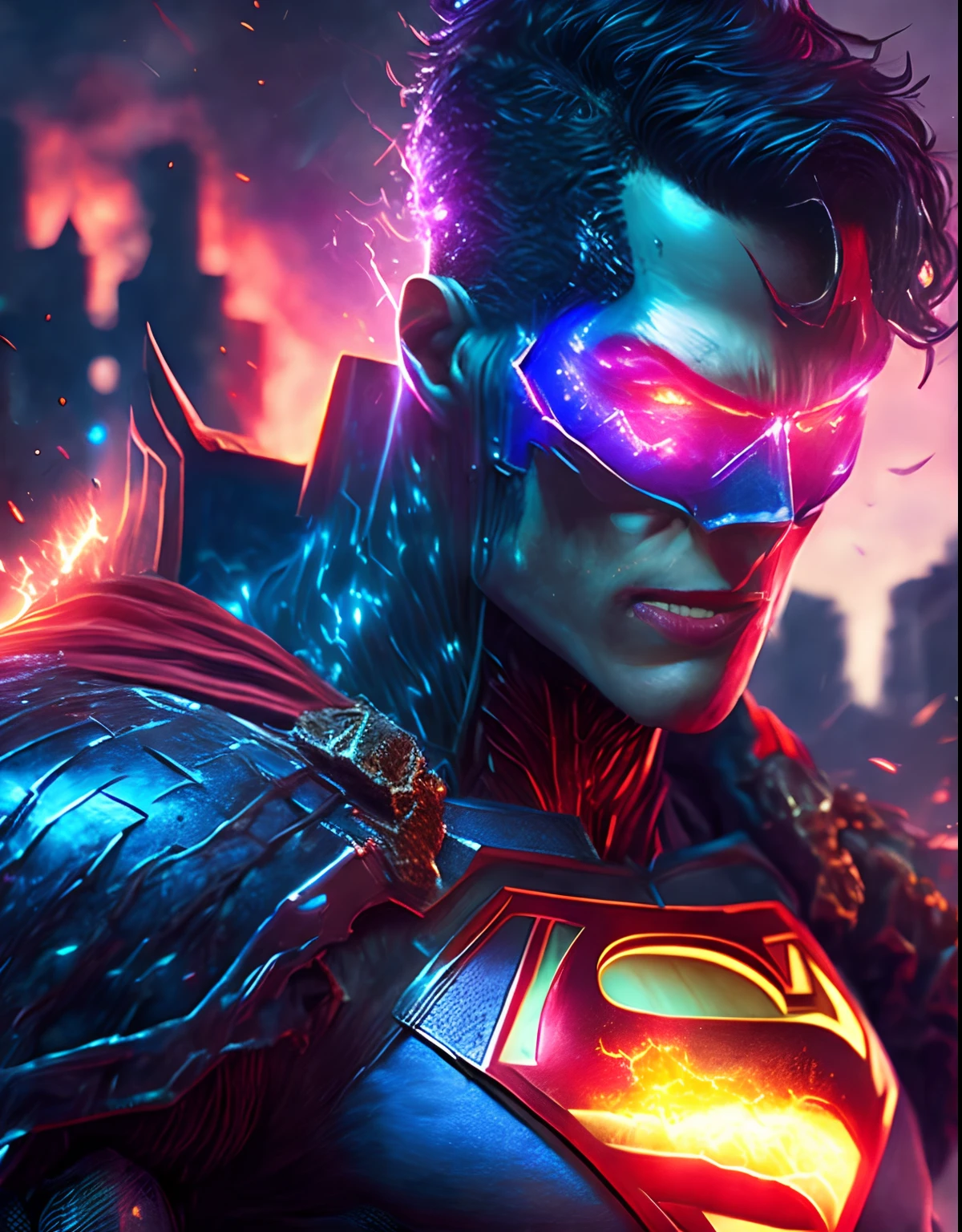gloomy portrait of Ultron Joker, extremely detailed, futuristic cityscape, nighttime, glowing neon lights, smoke, sparks, metal shavings, flying debris, blue energy effects, volumetric light