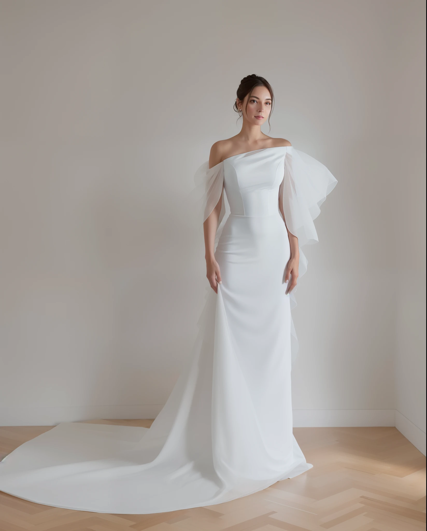 A woman in a white dress standing in a room, vestindo vestido longo, vestido branco, vestido, elegant asymmetrical, fluttering dress, vestido longo, vestido elegante macio, vestido vestido bonito vestido, elegante e gracioso, mangas volumosas, inspired by Adélaïde Victoire Hall, vestido poligonal branco, usando vestido de organza, julia sarda, mangas destacadas