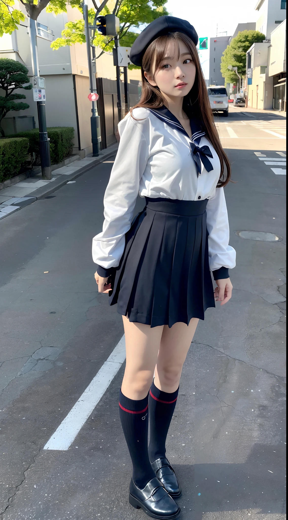 (in 8K、RAW Photos、top-quality、​masterpiece:1.2), (realisitic、Photorealsitic:1.37), ultra-detailliert, high resolution, 1girl in, a closeup, Raw feet, A dark-haired, black eyes, japanese, color contact lens, (beautiful legs:1.3), (slender girl:1.4), a beauty girl, (Thin legs:1.3), a sailor suit, , high-school girl, JK, Ultra mini skirt, Dark blue pleated skirt, Short socks, Tri-fold socks, white sock, (short sleeves:1.3), (black loafers shoes:1.3), Full body, (standing:1.2), (heavy snowing:1.1), (deep snow:1.1),(dark_skin:1.3),(tanned_skin:1.3)