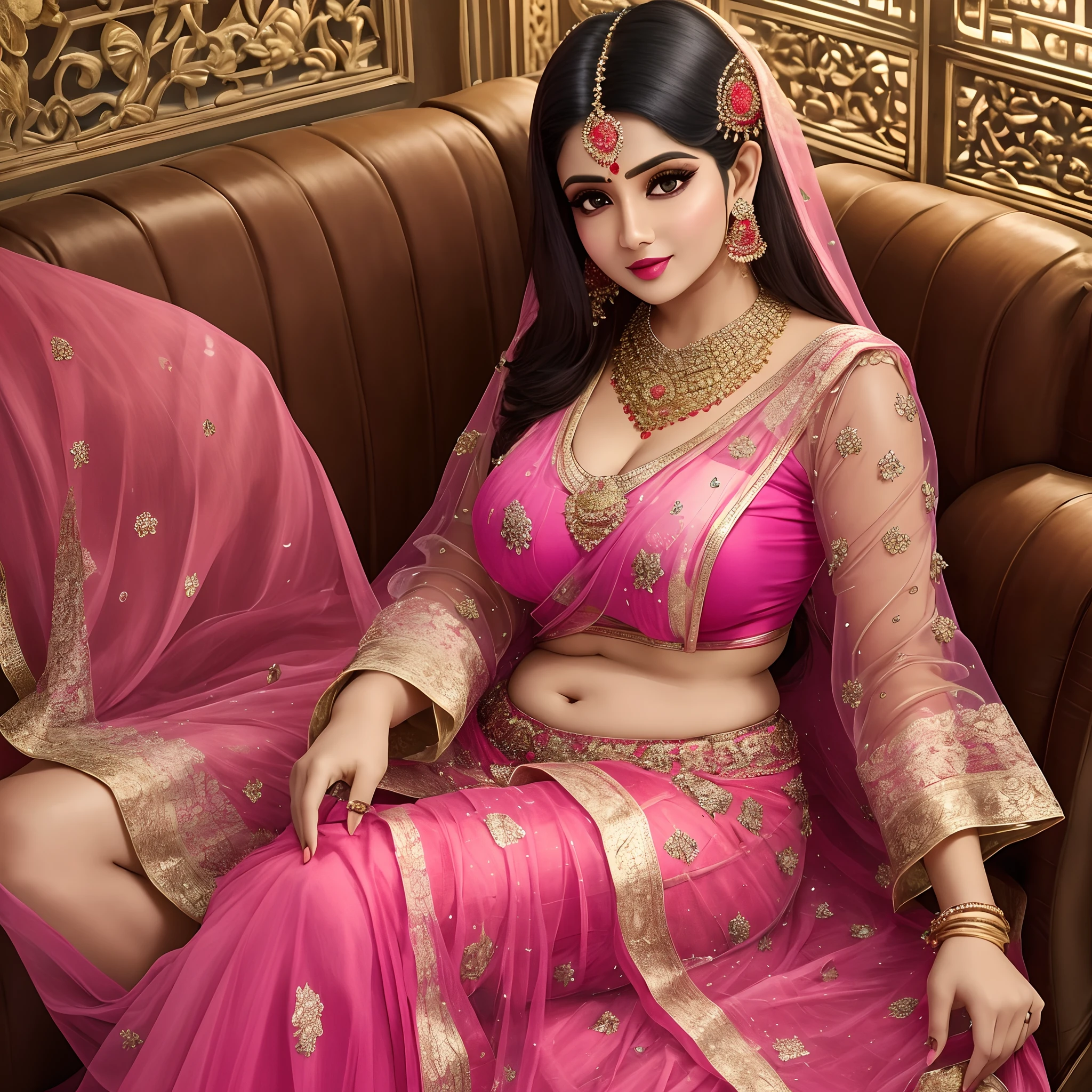 a close up of a woman in a pink sari posing for a picture, adorned with precious stones, indian, very beautiful enga style, gorgeous woman, indian super model, indian goddess, very attractive and beautiful, wearing elegant jewellery, lovely woman, very beautiful photo, traditional beauty, candid picture, wearing jewellery, attractive girl, pink and gold, sensuous, indian style