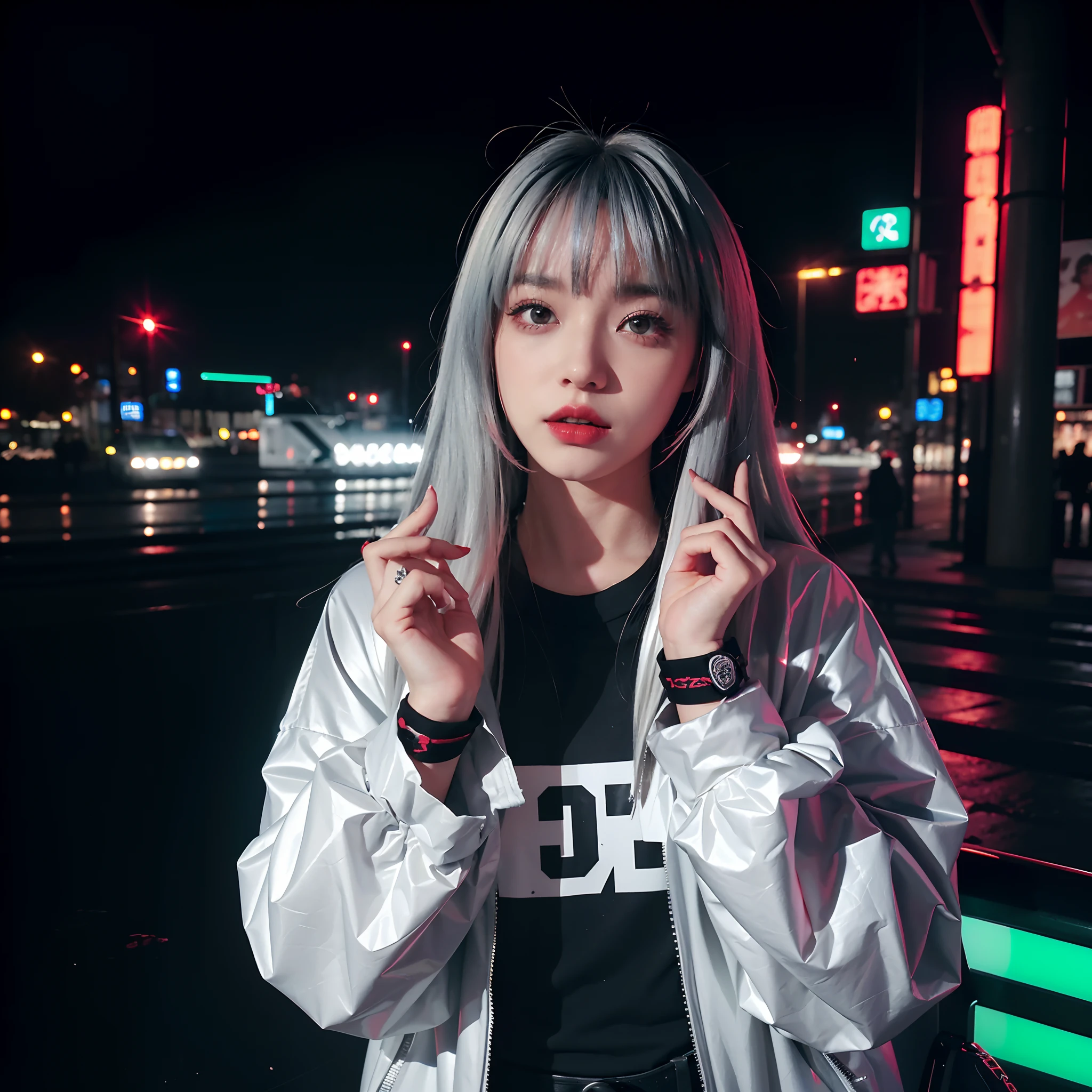 ((hands up high)), lucy(cyberpunked)、miku hatsune、1 japanese girl、Hair tightening、hime-cut、silber hair、Color Chip、fullmoon、grey eyes、jaket、shortsleeves、looking at the spectator、Medium hair、O cabelo multicolorido、Bangs parting、Parting lips、Red-haired、silver hair, full bodyesbian、Red eyeliner、red-lips、独奏、Green jacket、cyberpunked\(series)、Glowing neon lights、Rainy night in cyberpunk city、 8K,