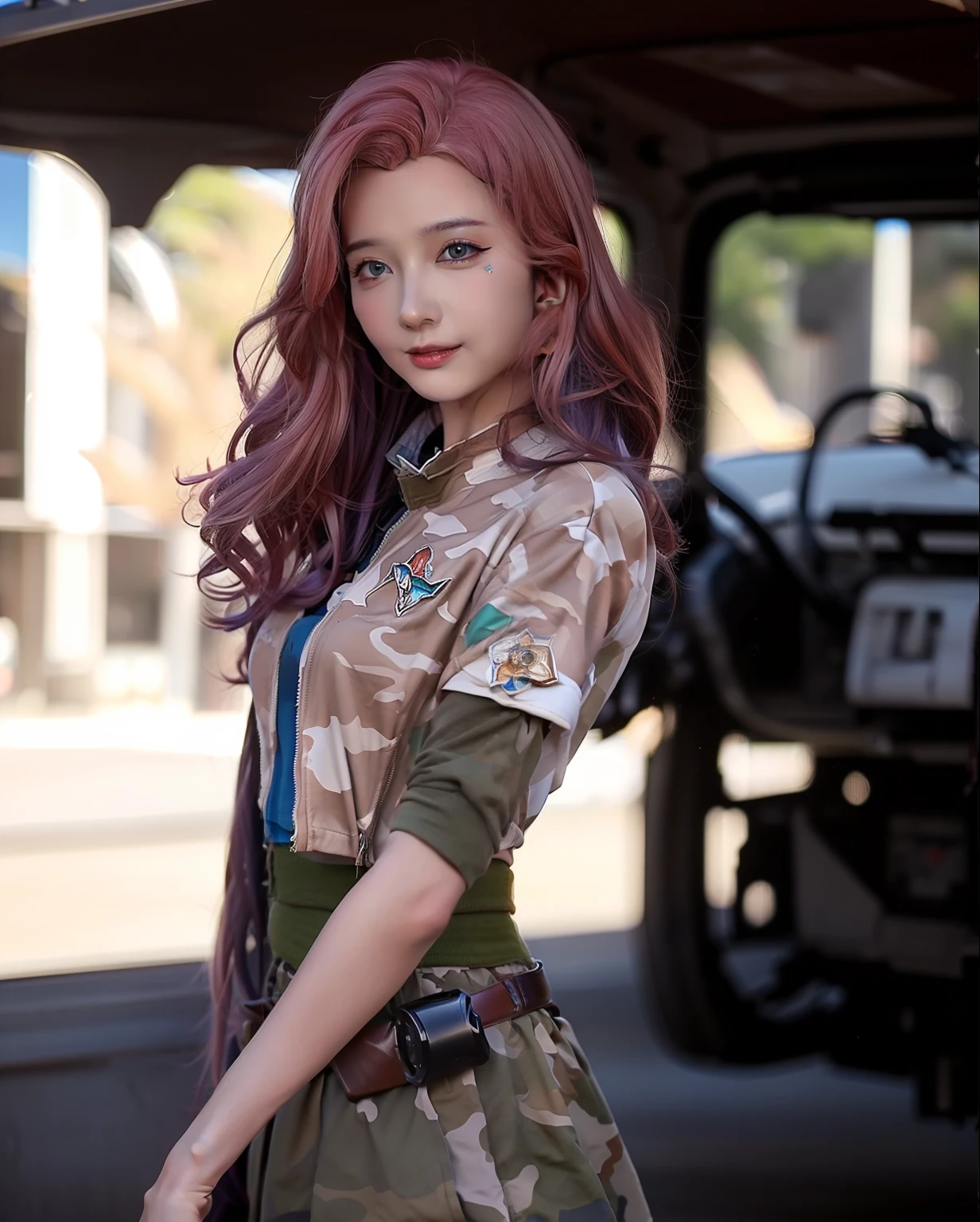 1girl, superb, elegant colors, (realistic, high detail, masterpiece, ultra-detailed, dynamic angle, amazing, cinematic lighting, illustration, chiaroscuro, backlight, god light, holland, best quality, best quality, wearing tight desert camouflage vest, wearing desert camouflage short skirt, posing good-looking, belting, wearing military watch, armored car with desert camouflage outdoors in background, digital painting, highly detailed, super high quality, professional photography, 8k, ultra hd, desert background, real skin texture , normal intact fingers, correct facial features, clear focus, eye-catching lighting, blue sky