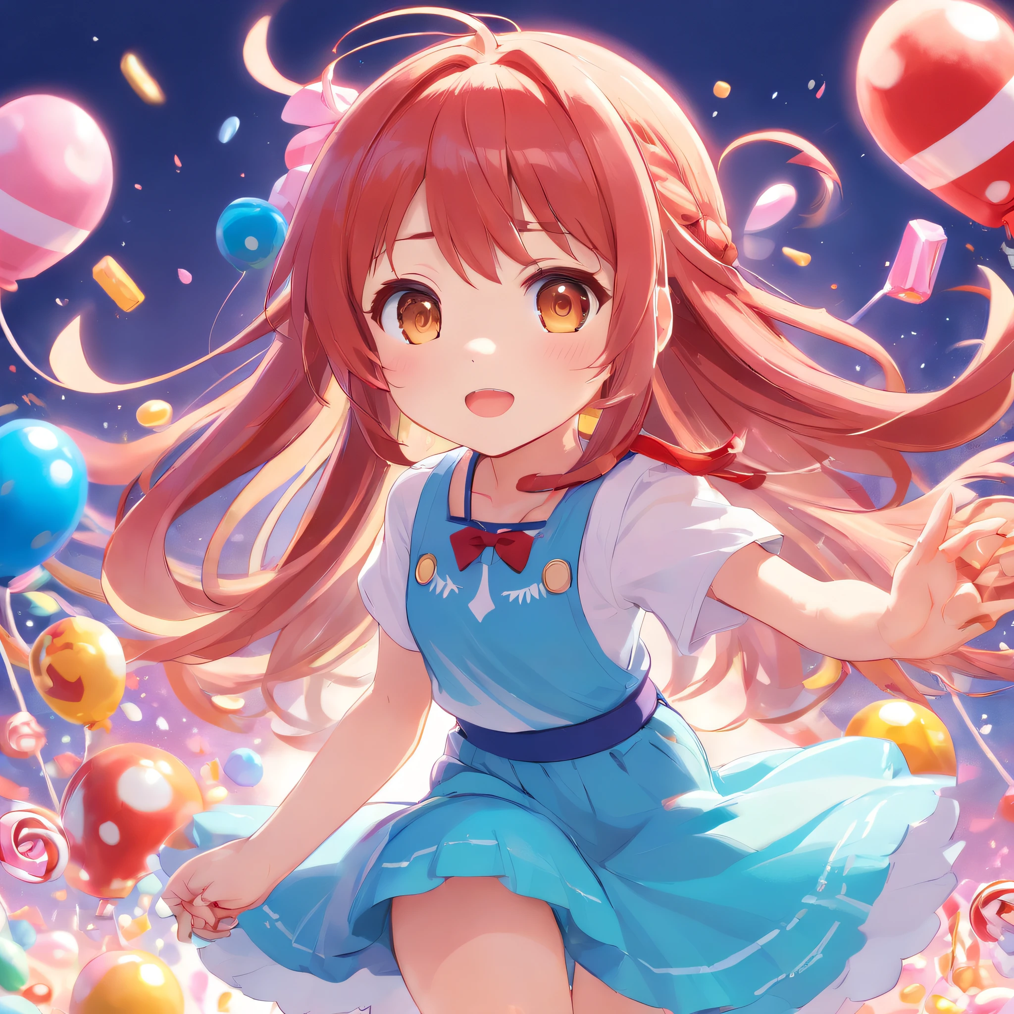 cute, chibi, a little baby girl, light skin, golden eyes, red long hair, pink and blue pastel color party dress with candy designs, white sneakers, portrait, 3D rendering, high quality, ( plain background), (perfect hands), (full body), female, 8k.