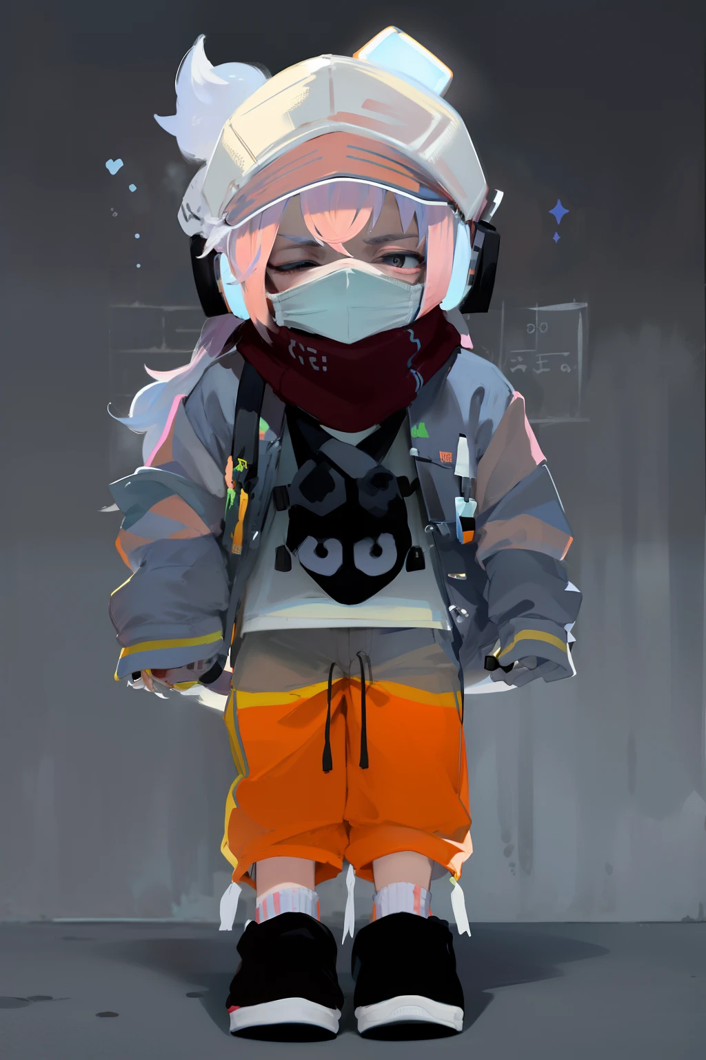 Un chico con polo manga larga de color gris con un estampado en el pecho que usa una bufanda de color rojo y un gorro de color blanco, tiene el pelo rosa y piel blanca. He's wearing a mask on his face and headphones underneath his white cap, He is also wearing orange shorts and black sneakers with white socks.