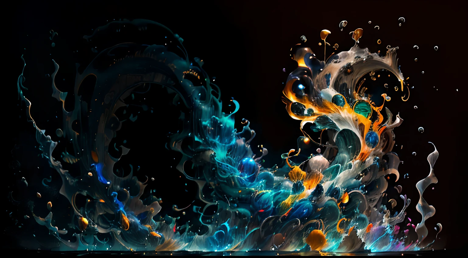 Obra de Arte abstracto en movimiento.Arte de Alberto Severo. Un primer plano de chorros y corrientes de metales preciosos fundidos que chocan entre si y forman , inmensas cantdades de gotas y chorros metalicos de oro, plata, cobre mercurio, que burbujean ,explotan ,remolinean y fluyen y ocupan todo el espacio, nubes de fluidos de colores metalicos dorados, plateados, cobrizos brillantes y tornasolados,burbujas tornasoladas, ,remolinos de gotas tornasoladas que giran y escapan.Crea una fascinante obra de arte abstracta con un enfoque en la fluidez y el movimiento. Utilice una paleta de colores rica y diversa, Blend tones seamlessly to evoke a sense of continuous movement, Background of psychedelic fuids in motion. Arte de los fluidos en movimiento