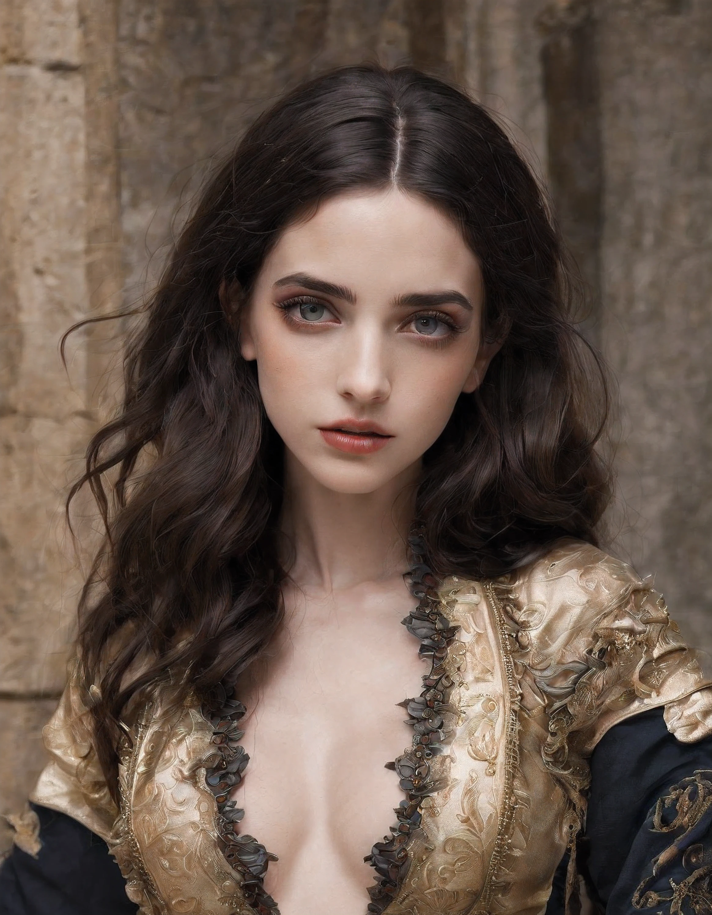 Uma mulher jovem linda atraente inspirada em Emily Rudd, como Emily Rudd, (((with random costume))), ((((Autorretrato do rosto realista))), autoretrato do rosto com zoom aproximado com fundo desfocado, (((Atmosfera sombria: in an indoor rustic castle environment)))