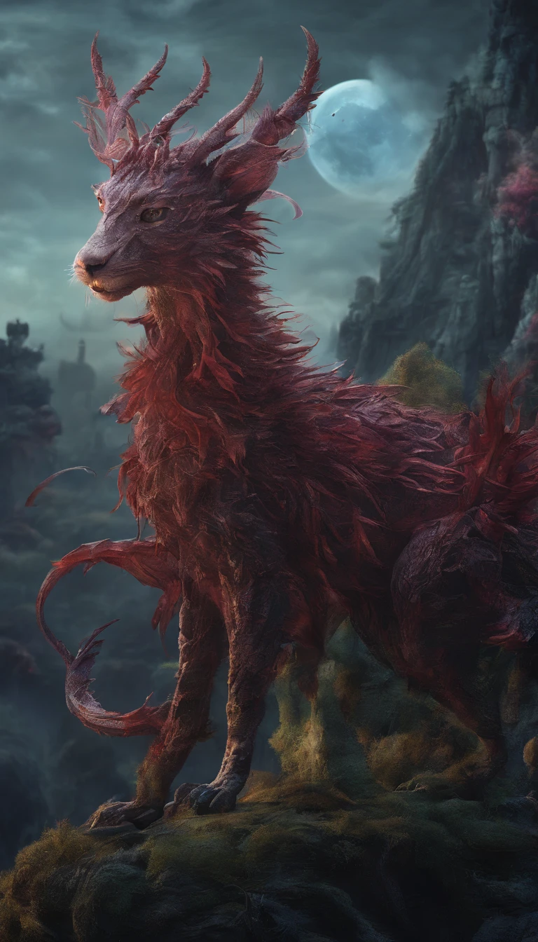Strange beasts in a fantasy world,Blood,Covered with thick spikes,Moon Night,中景 the scene is,Full body like, highly detailed surreal vfx,oc rendered,Shot with 70 mm - AR 16:9 --q 2 --s 1000