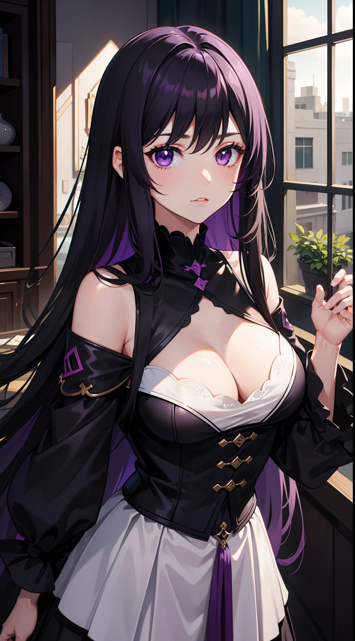 young girl, long dark purple or black hair, violet eyes, Black Rich Closed Clothing, Masterpiece, hiquality, high detail, HD, 4k