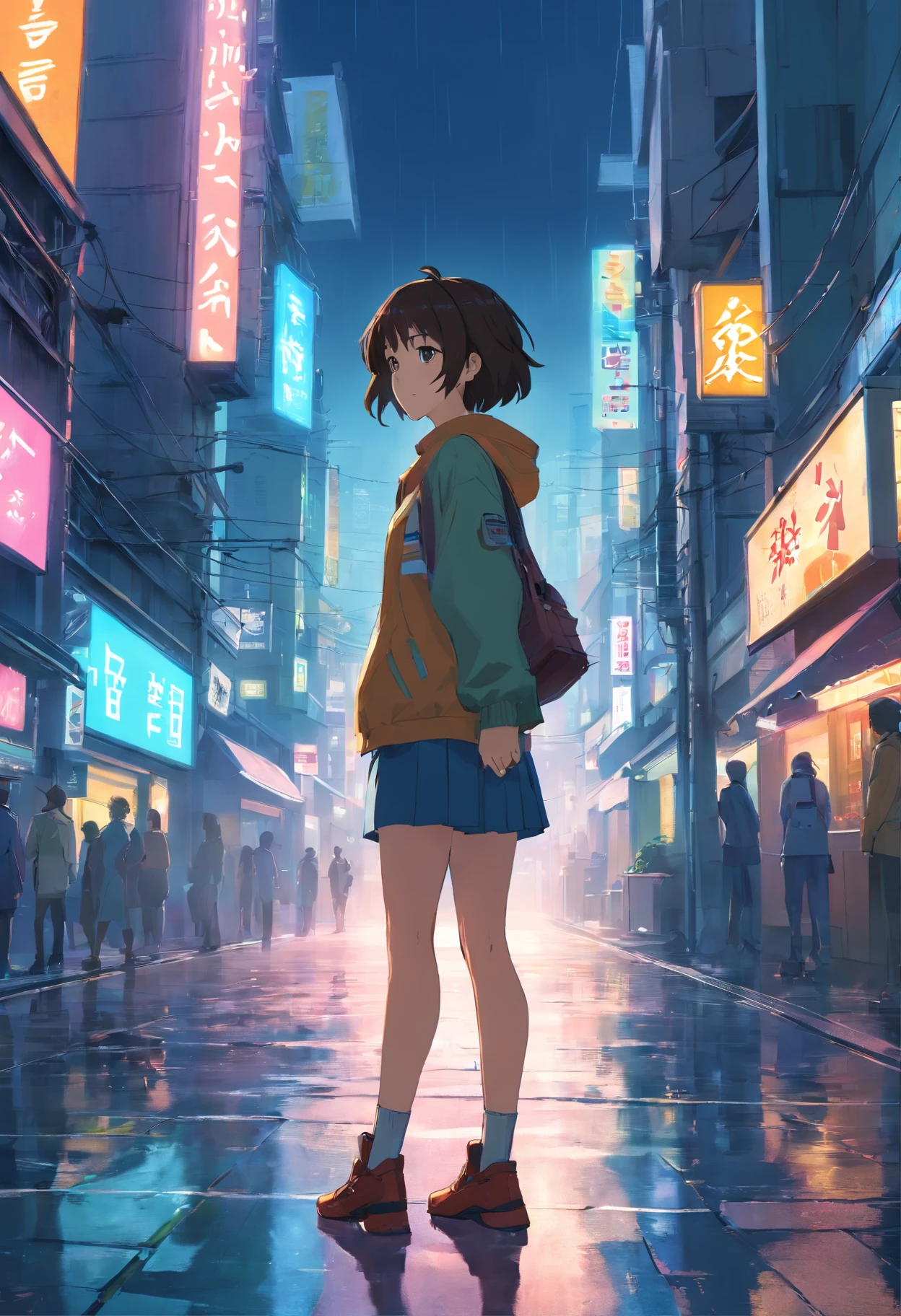 1girl, 8k, ultra realista, cabelos longos loiros, sorrindo, clear sky, sol, cidade, andando sobre a rua cyberpunk city chuva dark