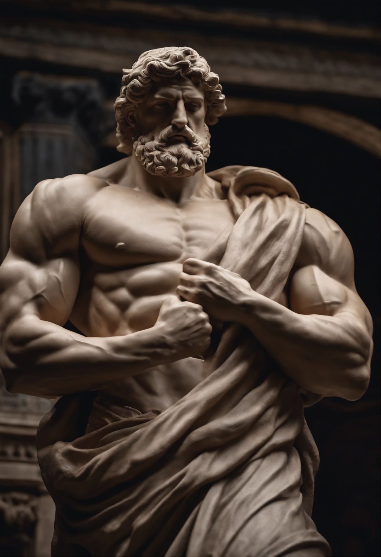 stoic greek statue with very muscular body in profile, strongs arms, style Hercules, cinematic, 8k, dark bakground