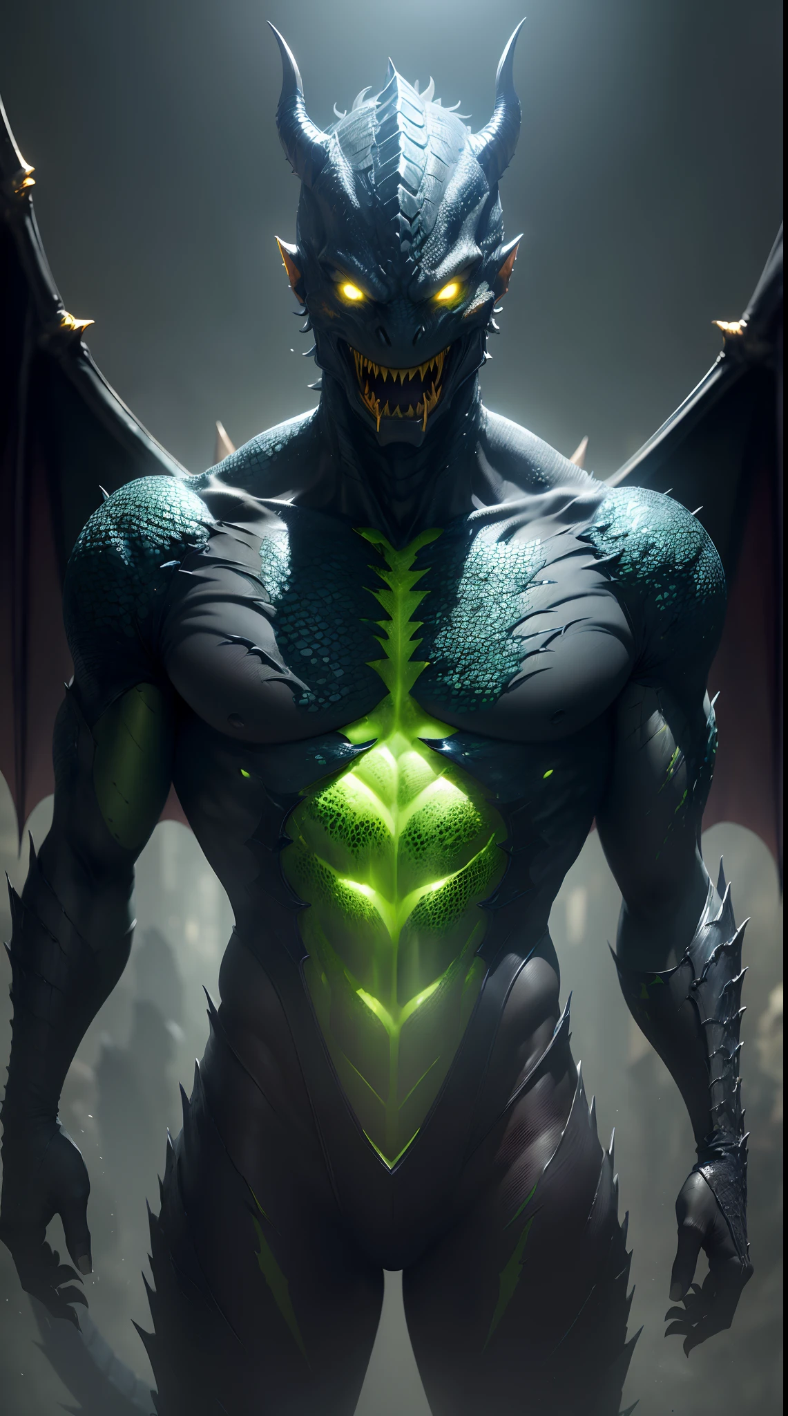 (Best quality,Ultra-detailed,Realistic:1.37),Male monsters,Yellow glassy skin,Sharp teeth,Green tongue,Demon Dragon Wings,marvel comics style,ominous lighting,Black and dark blue tones,Alien symbiote set。