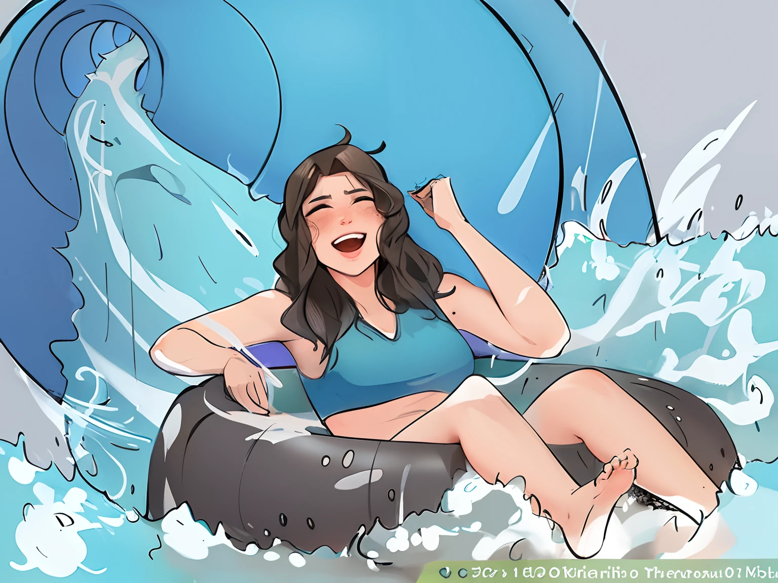 desenho animado de uma mulher montando um tubo em uma onda no oceano, gritando de medo, feliz, wikicomo, Transbordando, Wiki illustration, on water, Intenso, gritando em alegria, esmador, waterpark, alegria extrema, energia transbordante, gritando no ar, upon his head, White Water, boca aberta em um rugido contagiante, Surtando