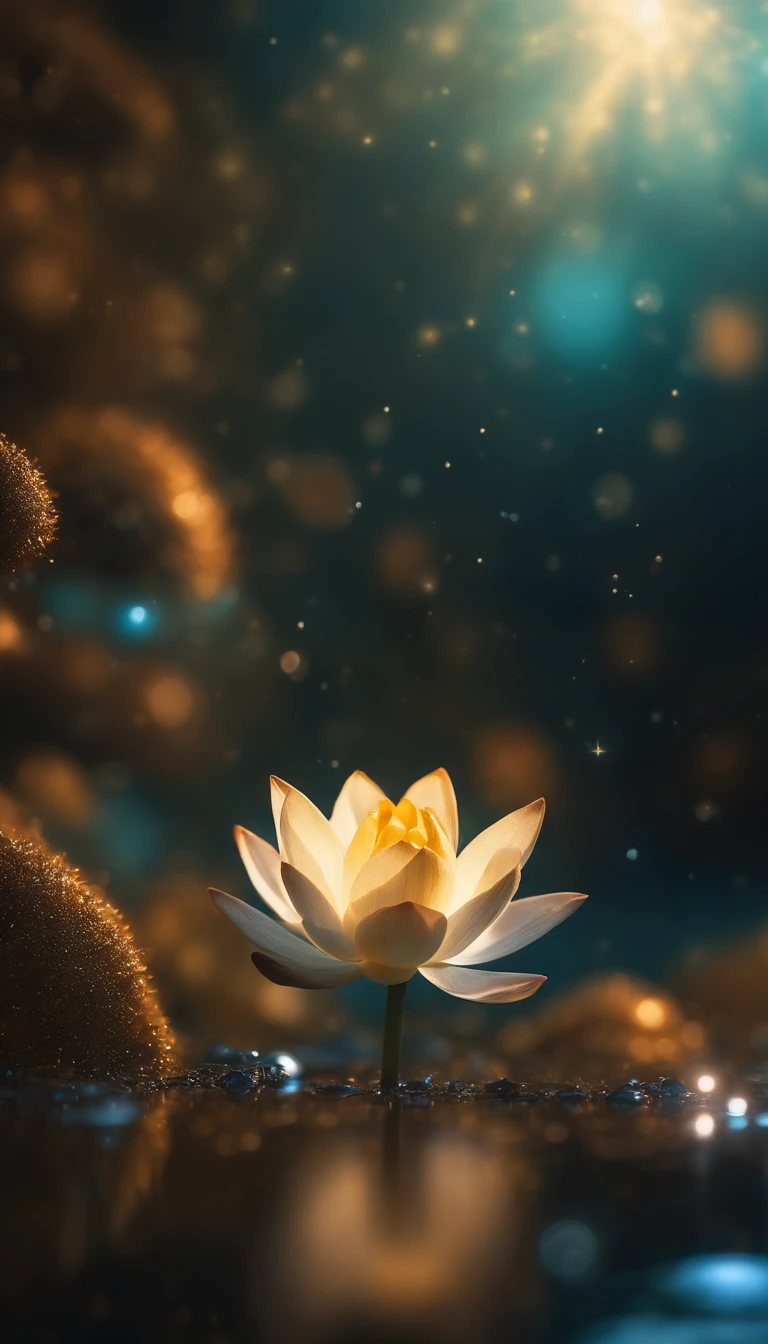 microcosm , Master Parts , macro photography , Space Fantasy, mystical,Glittering stars,A shining world,Fantastical,cosmic space,Surrounded by stars,film grains, Bokeh , Smoke billows , ighly detailed, Sunny and sunny weather, Microflor, The drops, removed, 1 Realistic close-up of the lotus room:1.5, Azure background, Moderate contrast, rendering by octane , Illusion Engine