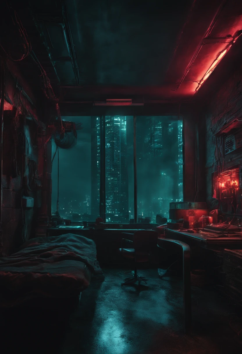 hackers room horror style snuff dark killer in the style of dark city the movie Neuromancer Los Angeles Cyberpunk end of the world nukes going on the background Post-apocalypse, bright neon clours, best quality, high resolution, alien peeled flesh, guro, broken creature, deadman, in the style of giger in the hole, deep contrast, hyperrealism, hyper realistic color photo, realistic photography, ultra realistic, biomechinical, biomachines, ((hnsrdlf style)), detailed reflections, dark atmosphere, futuristic, realistic blood, realistic reflections, RTX graphic, HDR, ultra detailed, real blood