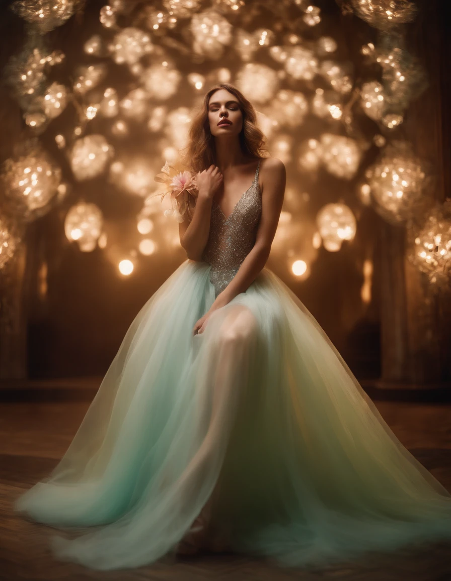 Color photo of a mysterious flower fairy with transparent colorful wings, Sitting in a divine light, Mit Neonlichtern, Einen Zauberstab in der Hand halten,Axiale Symmetrie, and a magnificent background.Silbernes Kleid, high heels, Blumenkrone, Sternenhimmel Hintergrund, Cheerful and enigmatic expression, Nikon Z7 II Kamera, Fujifilm Velvia 50 Film, 50-mm-Objektiv, high saturation, Tim Walker, David LaChapelle, Sofia Coppola, Valentinsgruß, Alexander McQueen,((nahaufnahme))