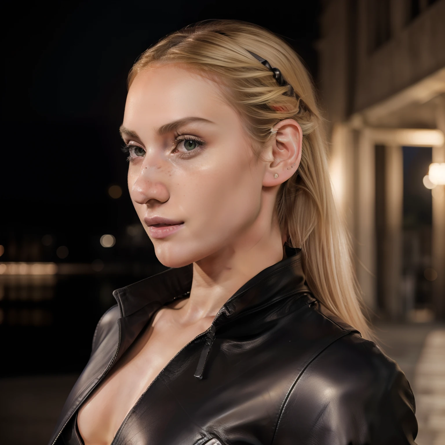 1girl, (Italian blonde, 22 years old), pale skin, freckles, (thin nose bridge:1.4), (downward nose:1.8), (aquiline nose), (long pointy nose), Sharp jawline, (pointy chin), green eyes, photorealistic, best quality, hyper detailed, (beautiful woman), (focus on face and upper body, looking at camera), (closeup), (wearing black leather jacket:1.2), outdoors, (night cityscape), analog style, looking at viewer, skin texture, film grain, ultra high res, best shadow, RAW, instagram LUT