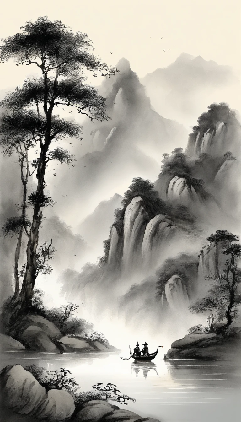 Chinese landscape painting,ink and watercolor painting,water ink,ink,Smudge,Faraway view,Ultra-wide viewing angle,Meticulous,Light boat in the distance,Faraway view,Meticulous,Smudge,low-saturation,Low contrast,The light boat has crossed the Ten Thousand Heavy Mountains,Beautifully depicted,A detailed,acurate,Works of masters,tmasterpiece