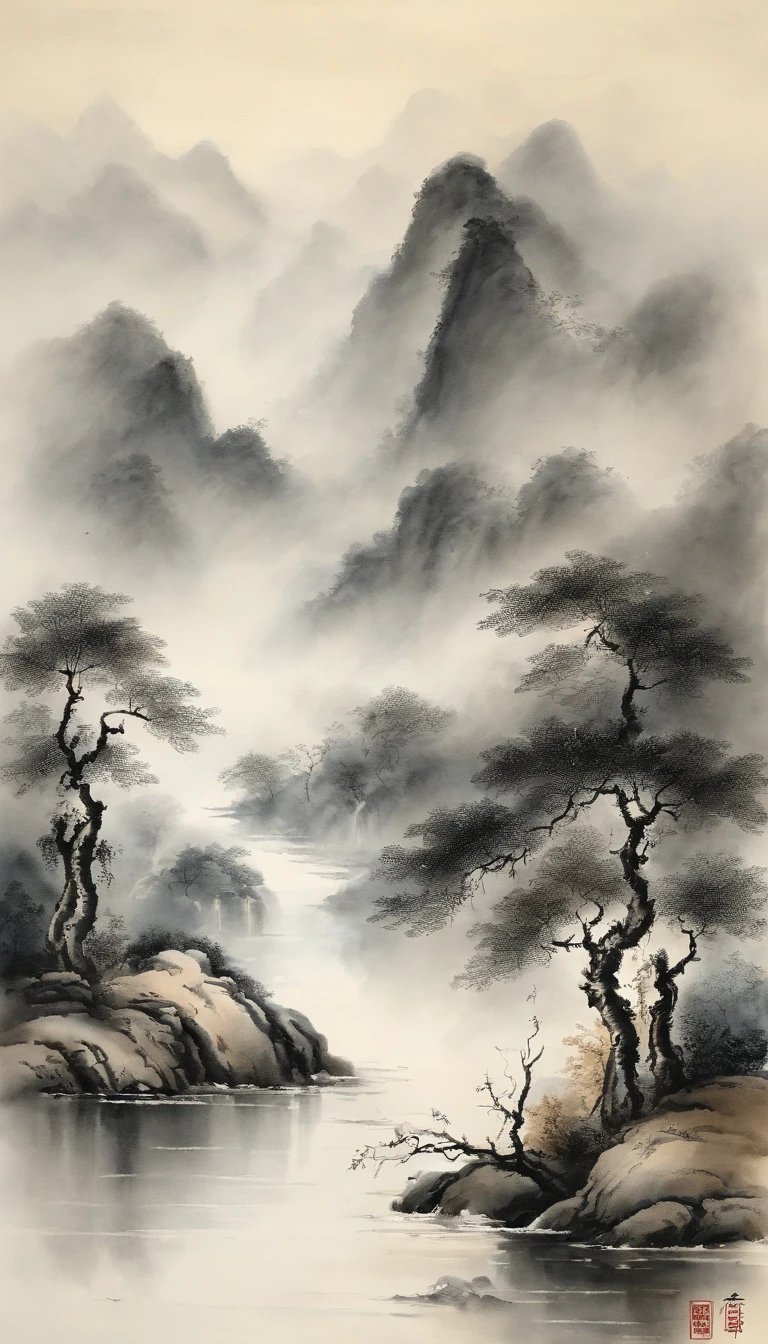 Chinese landscape painting,ink and watercolor painting,water ink,ink,Smudge,Faraway view,Ultra-wide viewing angle,Meticulous,Light boat in the distance,Faraway view,Meticulous,Smudge,low-saturation,Low contrast,The light boat has crossed the Ten Thousand Heavy Mountains,Beautifully depicted,A detailed,acurate,Works of masters,tmasterpiece