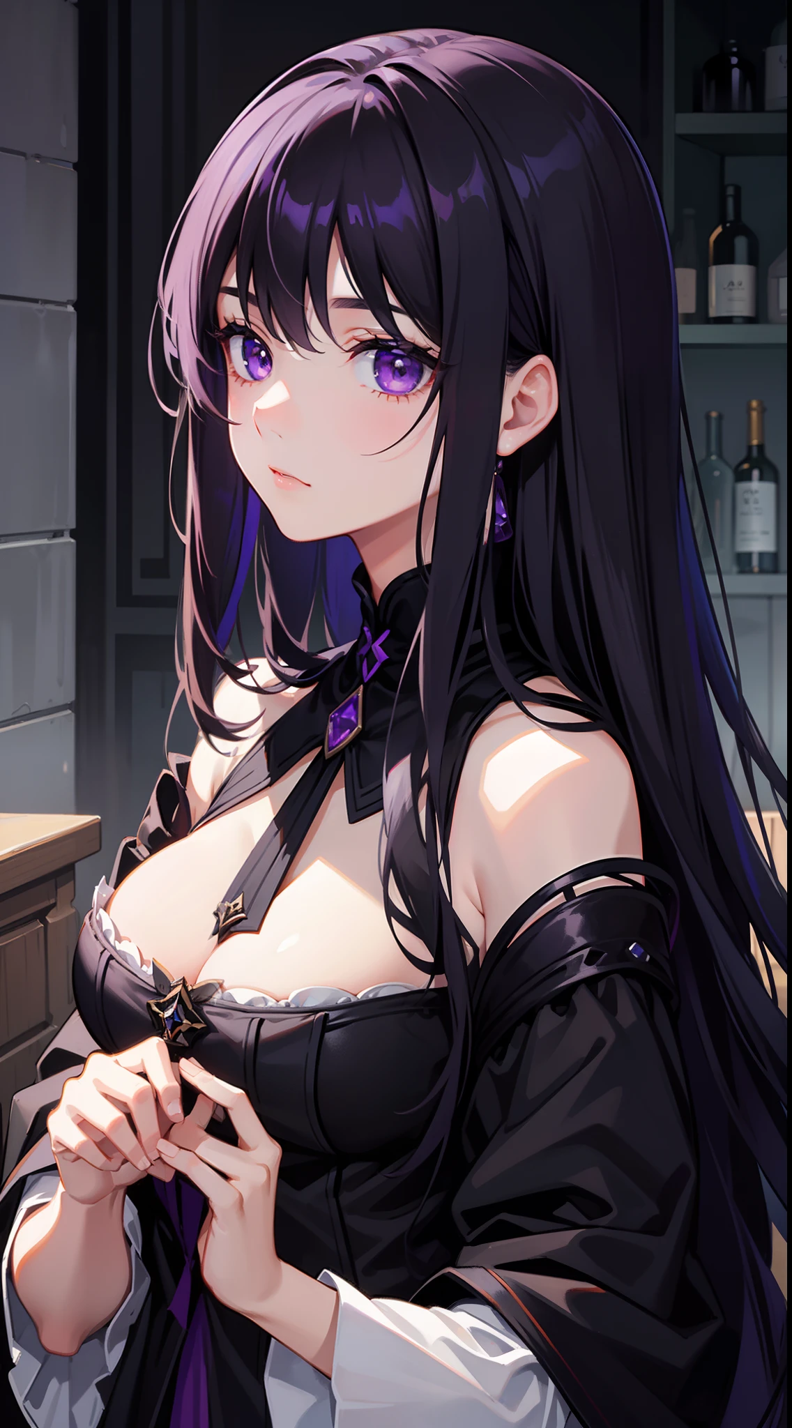 young girl, long dark purple or black hair, violet eyes, Black Rich Closed Clothing, Masterpiece, hiquality, high detail, HD, 4k