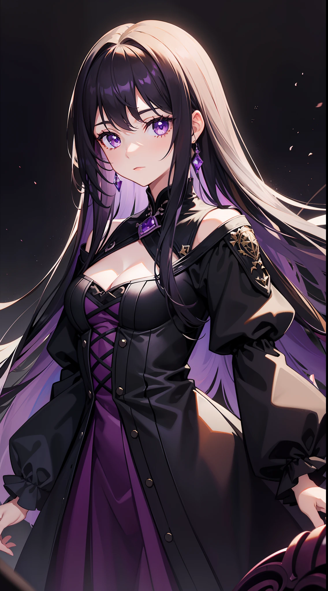 young girl, long dark purple or black hair, violet eyes, Black Rich Closed Clothing, Masterpiece, hiquality, high detail, HD, 4k