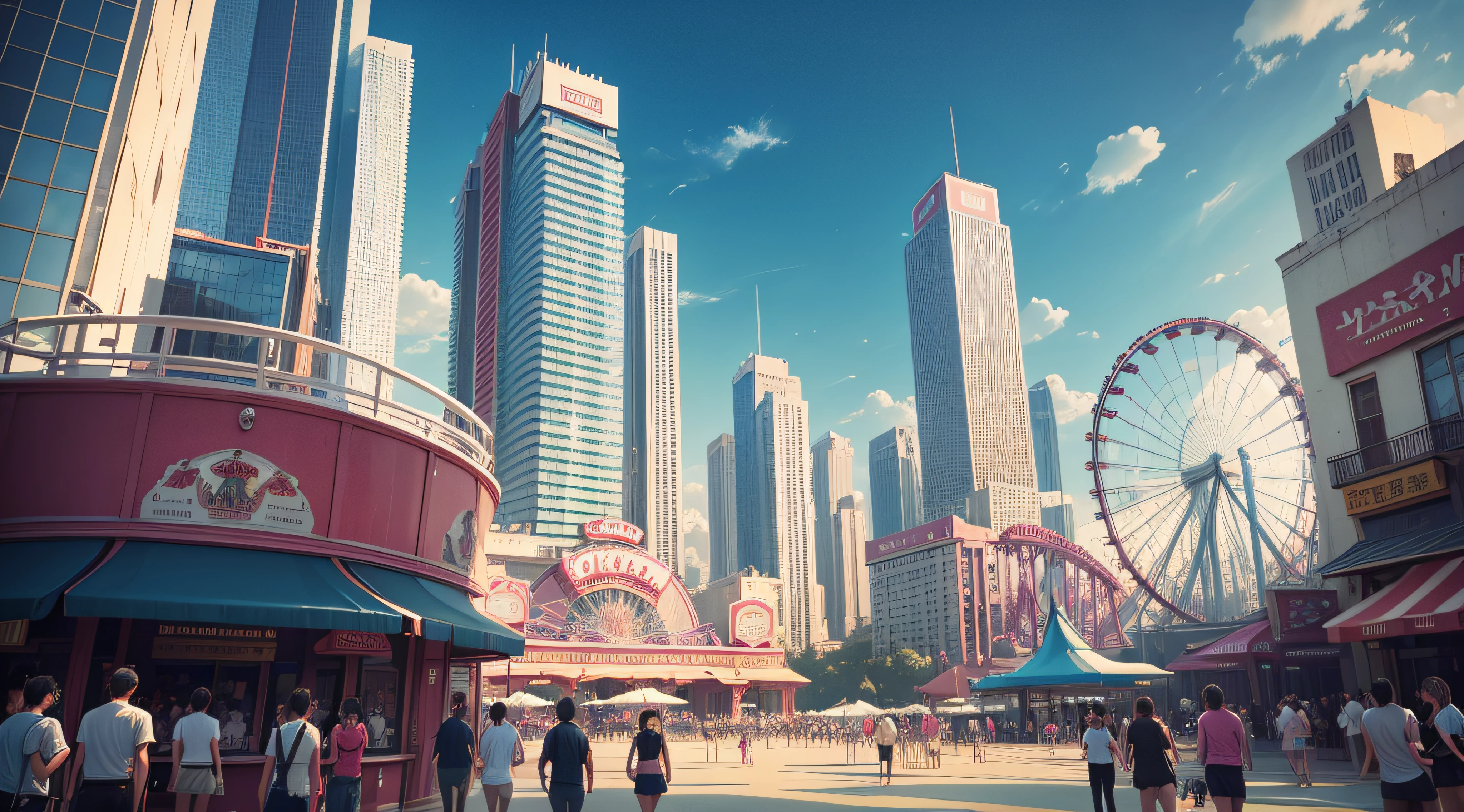 The image of the amusement park with many people and many high-rise buildings is really sharp
