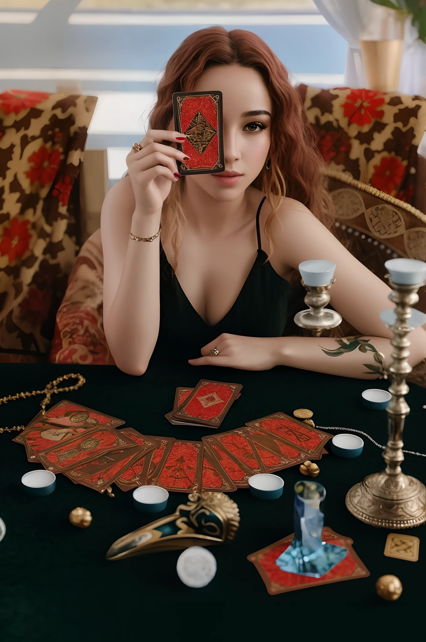 Hyper-realistic cinematic image of a beautiful woman in the world,sitting at a table with a tarot card and a bunch of jewelry, tarot card enviroment, tarot style, wizard doing a tarot reading, tarot card style, adivinho, Tarot cards, floating tarot cards, Directed by: Julia Pishtar, tarot cards characters, Bela Stella Maeve Maga, as a tarot card, gorgeous stella maeve magician