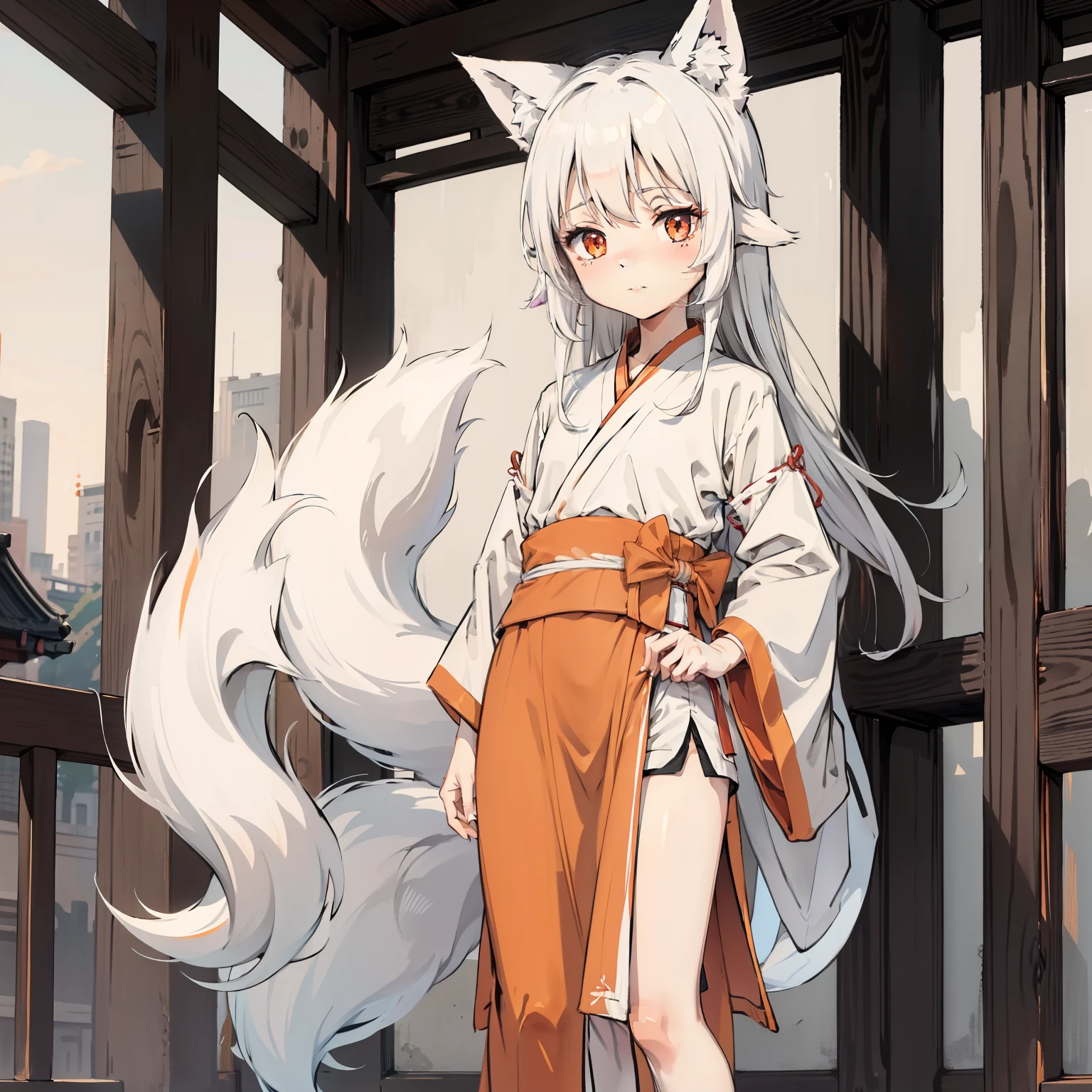 ((best quality)), ((masterpiece)), (detailed). Wolf Girl. Kitsune . White and Gold fur. Golden Eyes. Cute.  Shinobi Wear. A house background. Try to keep her with a young look. Happy.