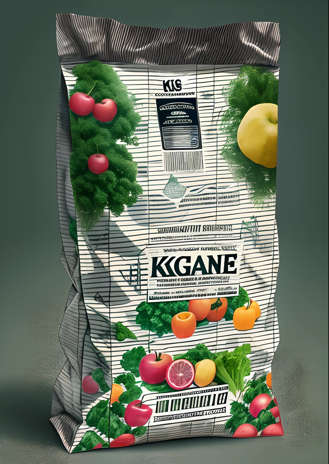 A kind of vertical fertilizer packaging bag,stereograms,The bag has folded edges,There are fruits and vegetables,There are English letters,k hd,hyper HD,16k,Morandi color matching