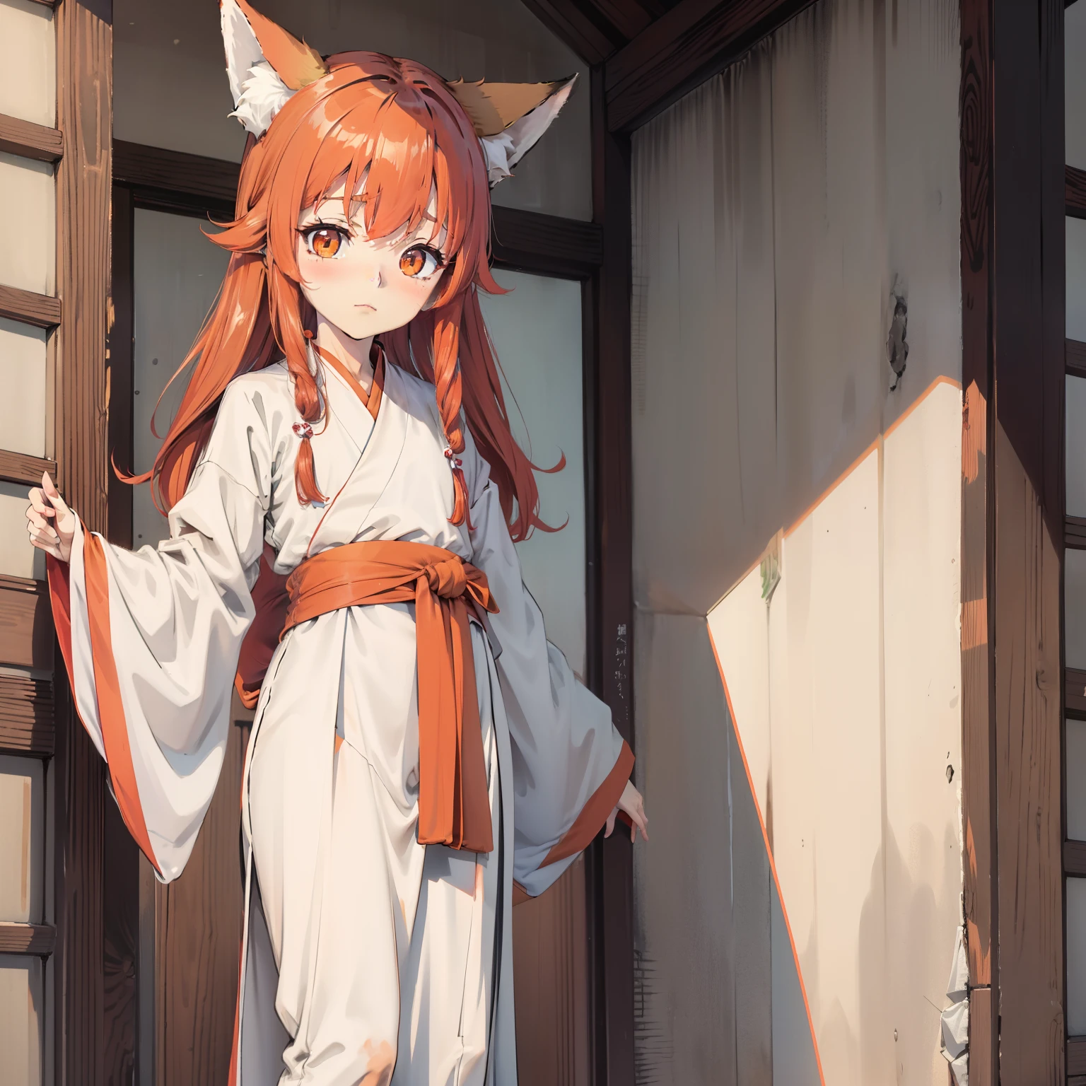 Cross-dressing,tsurime,Orange eyes,Fox_hor ears,Fox tail,Red_Hair,low-tied long hair,Hanfu,1girll,Loli,elementary student,独奏, (with short white hair:1.2),