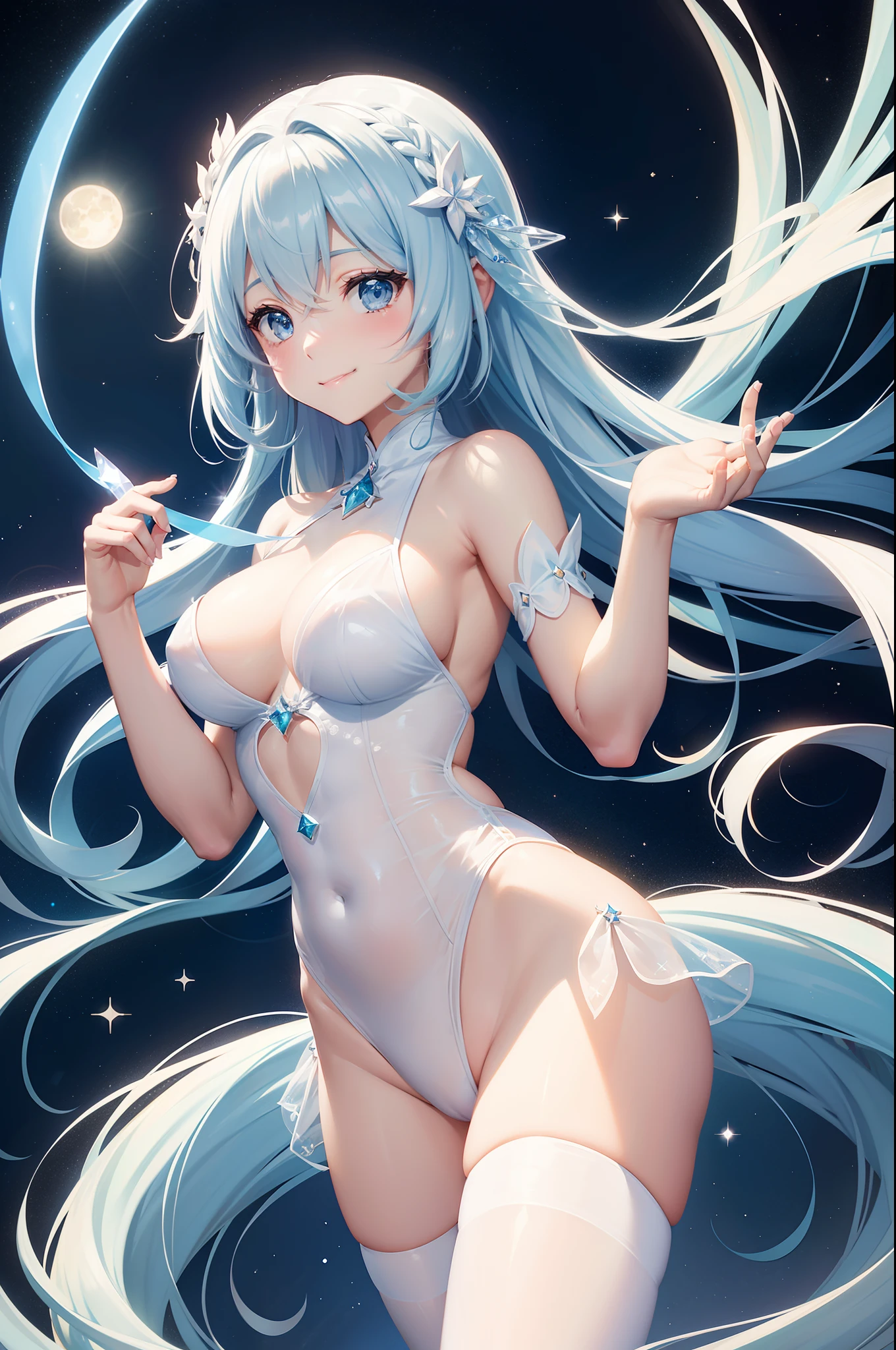 Pretty girl、A charming smile、Light blue long hair、Engaging pose、Twin-tailed、See-through white leotard、Fantasia、Crystal jade、constellation、a moon、Fantastic background