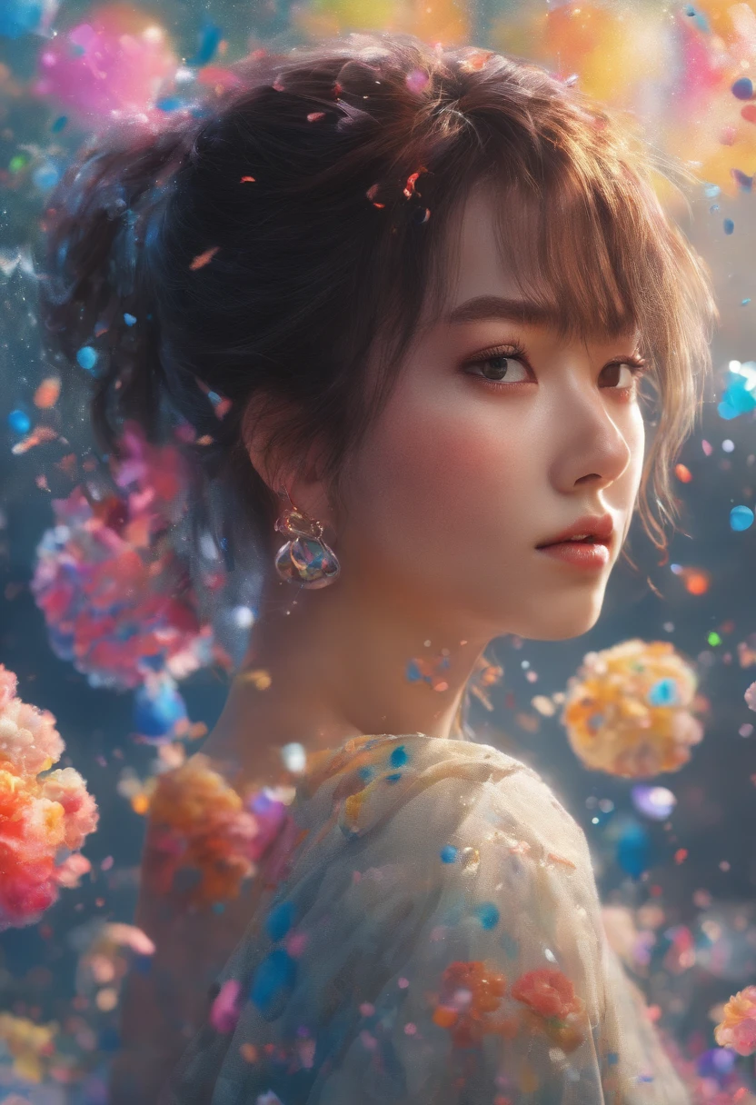 (masterpiece), (best quality), (ultra detailed),(disheed hair),(illustration), (1girl), (Fashionable clothing), standing, Fashion model, looking at viewer, (interview), (simple background), Beautiful detailed eyes, delicate beauty, floating, (high saturation), (colorful splash), colorful bubbles, (shine), focus on the face, ponytail, Ayaka Kamisato, light blue hair, bangs, scrunchies, floating flowers, flowing hair, (shiny), best lighting, best shadows, perfect hands