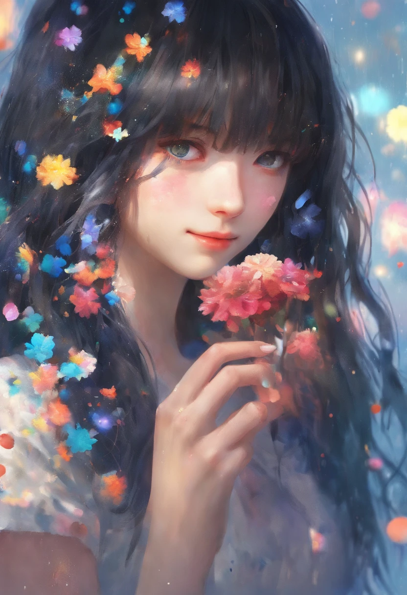(masterpiece), (best quality), (ultra detailed),(disheed hair),(illustration), (1girl), (Fashionable clothing), standing, Fashion model, looking at viewer, (interview), (simple background), Beautiful detailed eyes, delicate beauty, floating, (high saturation), (colorful splash), colorful bubbles, (shine), focus on the face, ponytail, Ayaka Kamisato, light blue hair, bangs, scrunchies, floating flowers, flowing hair, (shiny), best lighting, best shadows, perfect hands