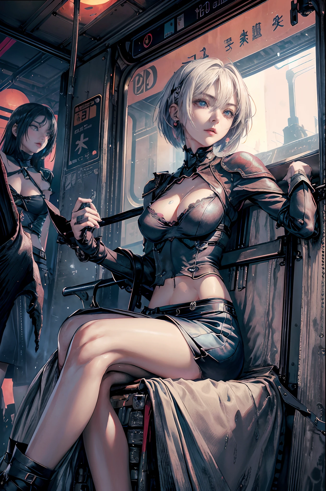 masutepiece,1girl in, Best Quality,cyberpunked,(Alternative、dim colors, Soothing tones:1.3),NSFW(1beautiful woman、Detailed beautiful facial features、Medium bob、blue eyess、slenderbody:1.3)(well-shaped small breasts、cleavage of the breast、Slit skirt、Ripped clothes:1.5).Cyber City Destroyed、(Sitting on a train chair:1.8)(Inside a broken train、Japan sword is placed、deep in the night、I can see the red moon from the window:1.5)