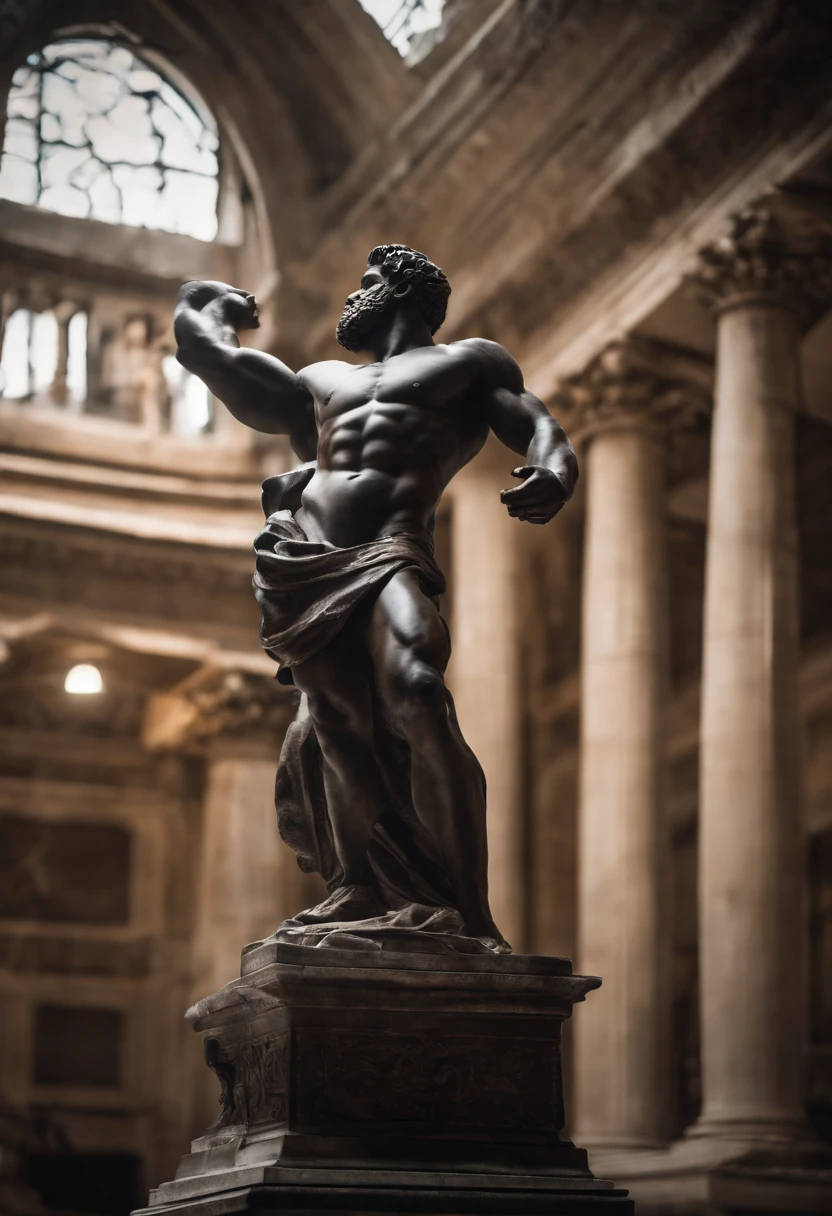 stoic greek statue with very muscular body in profile, strongs arms, style Hercules, cinematic, 8k, dark bakground