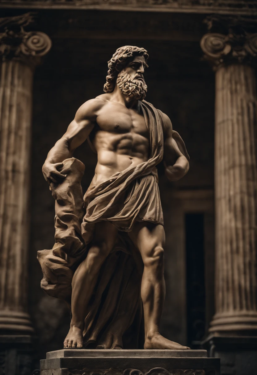 stoic greek statue with very muscular body in profile, strongs arms, style Hercules, cinematic, 8k, dark bakground
