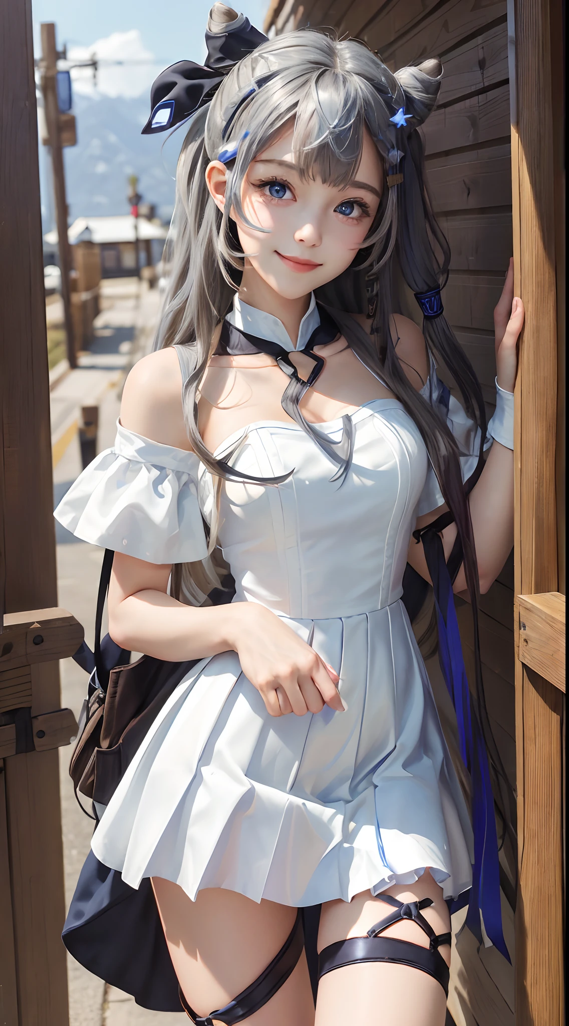 (masterpiece, best quality:1.2), cowboy shot, solo, 1girl, vestia zeta, virtual youtuber, smile, looking at viewer, hair ribbon, hair ornament, white dress, single thighhigh, thigh strap