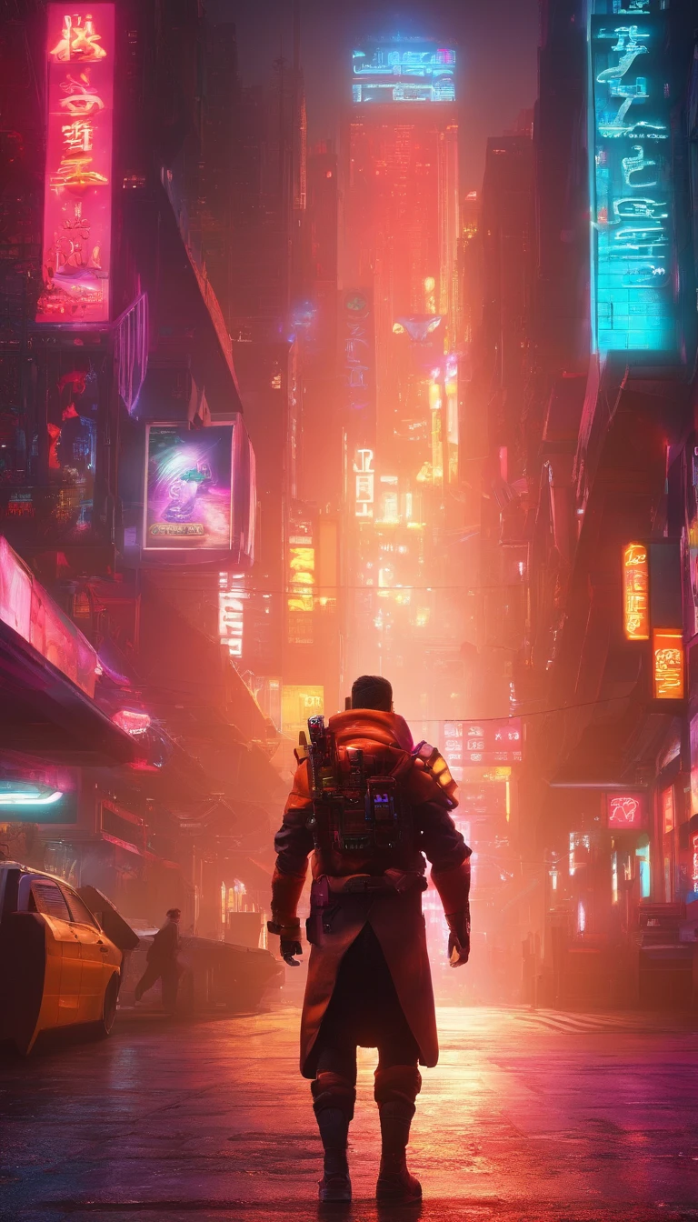 Cyberpunk-style martial artist,Half-human, Semi-mechanized warrior,Combat posture,majestic-looking,Forward stance,Stunning colors,Set in a futuristic cyberpunk style city,the street,crowd of,(Movie lighting),(light and shadow effect),(unreal-engine),(Tyndall),(cinema4d),(Super futuristic fantasy style),(8k wallpaper),(tmasterpiece),(Photography Award),realisticlying