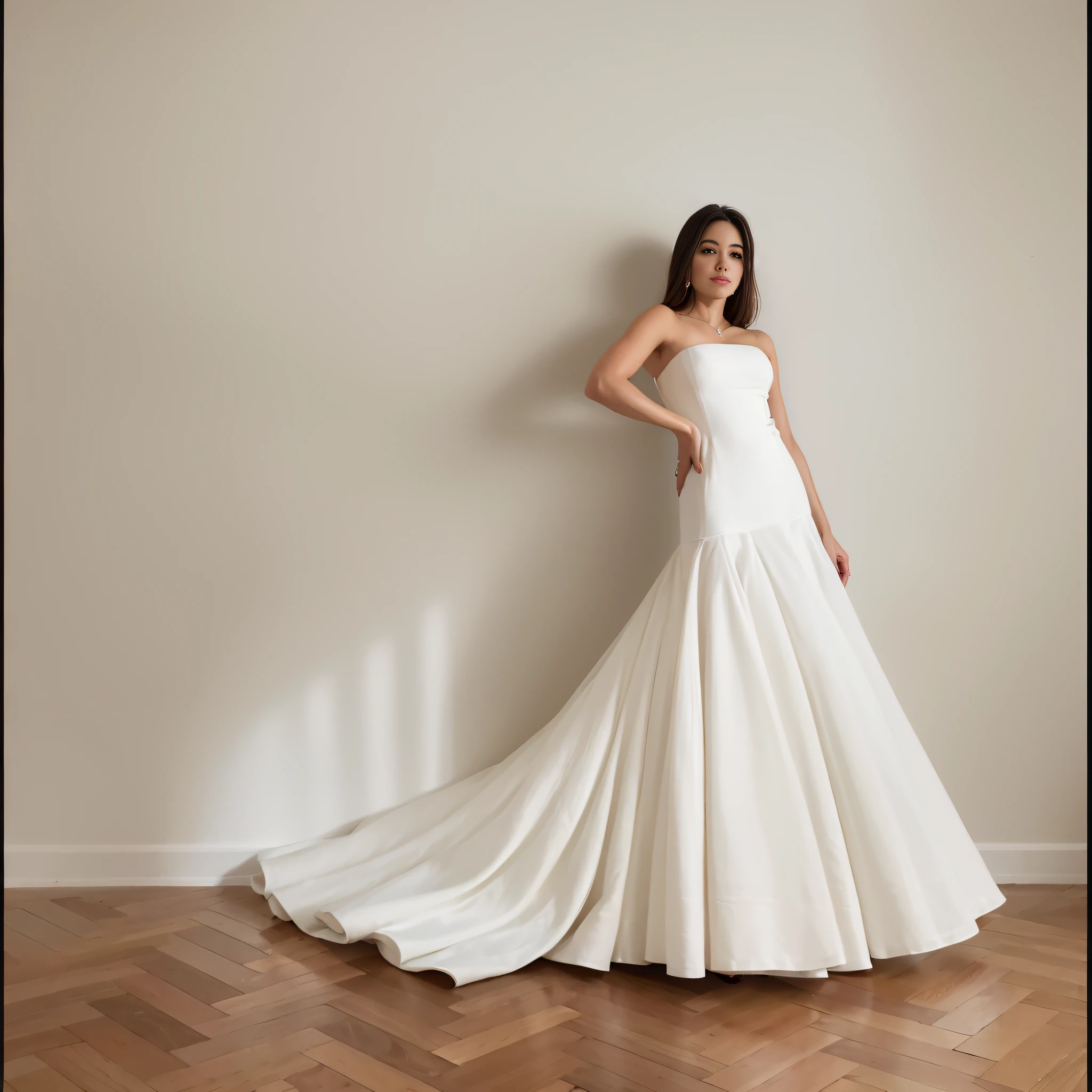 Arafed woman in a white wedding dress standing in a room, fluttering dress, inspirado em Antonio Rotta, vestido vestido bonito vestido, vestido elegante macio, inspired by Eva Gonzalès, Isabella, elegante e gracioso, Olivia, inspirado em Demetrios Farmakopoulos, curvas elegantes, inspirado em Josep Rovira Soler, gracioso e elegante, raphaël