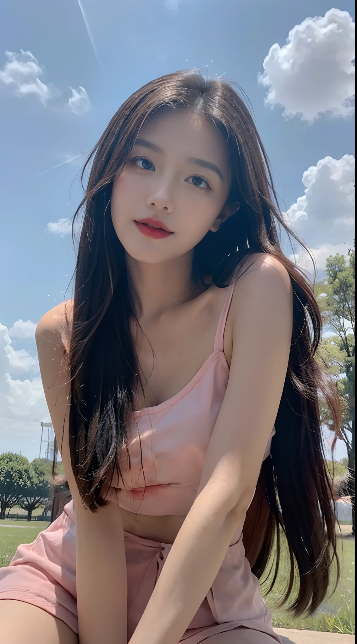 (raw photo:1.2), (photorealistic:1.4),((physically-based rendering)), best quality,masterpiece,best quality,official art, (realistic, photo-realistic:1.4), (high detailed skin:1),
outdoors, blue sky, cityscape,
1girl, upper body,
long hair, black hair, red lipstick,
white dress, long dress, jewelry, earrings, necklace,
looking at viewer,
<lora:Pbx_v2:1>