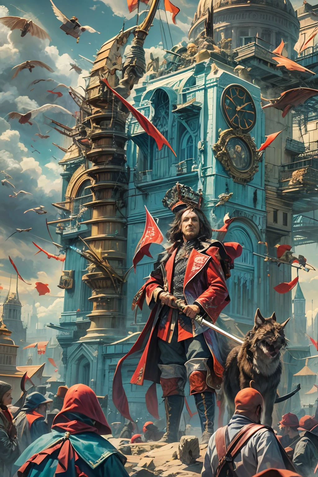 (masterpiece, best quality, hyperdetailed artwork), 1guy, blue war-paint face, bald,(no hair), ironwork crown, BREAK, hybrid ((matador-clown outfit)), sturdy, luxurious, leather, rusty, used, scratched, BREAK, war, weapons, yel, brave, shout, energy, epic, sweat, patriotism, passion, majesty, BREAK, 8k unity wallpaper, high resolution, cinematic, perfect artwork