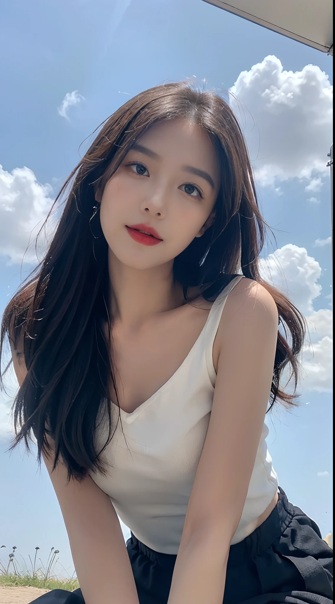 ((best qualtiy, 8K, tmasterpiece:1.3)), A pretty maiden，Pure，Melon seed face，gentle and cute，A sweet smile，Pure desire，Thin stature，(frontage)，(Tilt your head)，staring right into camera，uniform, Obi, formal，Black silky long, Straight hair，Long hair flowing over the shoulders，round black big eyes，Clear big eyes，Hydrated red lips，Sweet，Sit on the，with blue sky and white clouds，Blue skies，grassy fields，