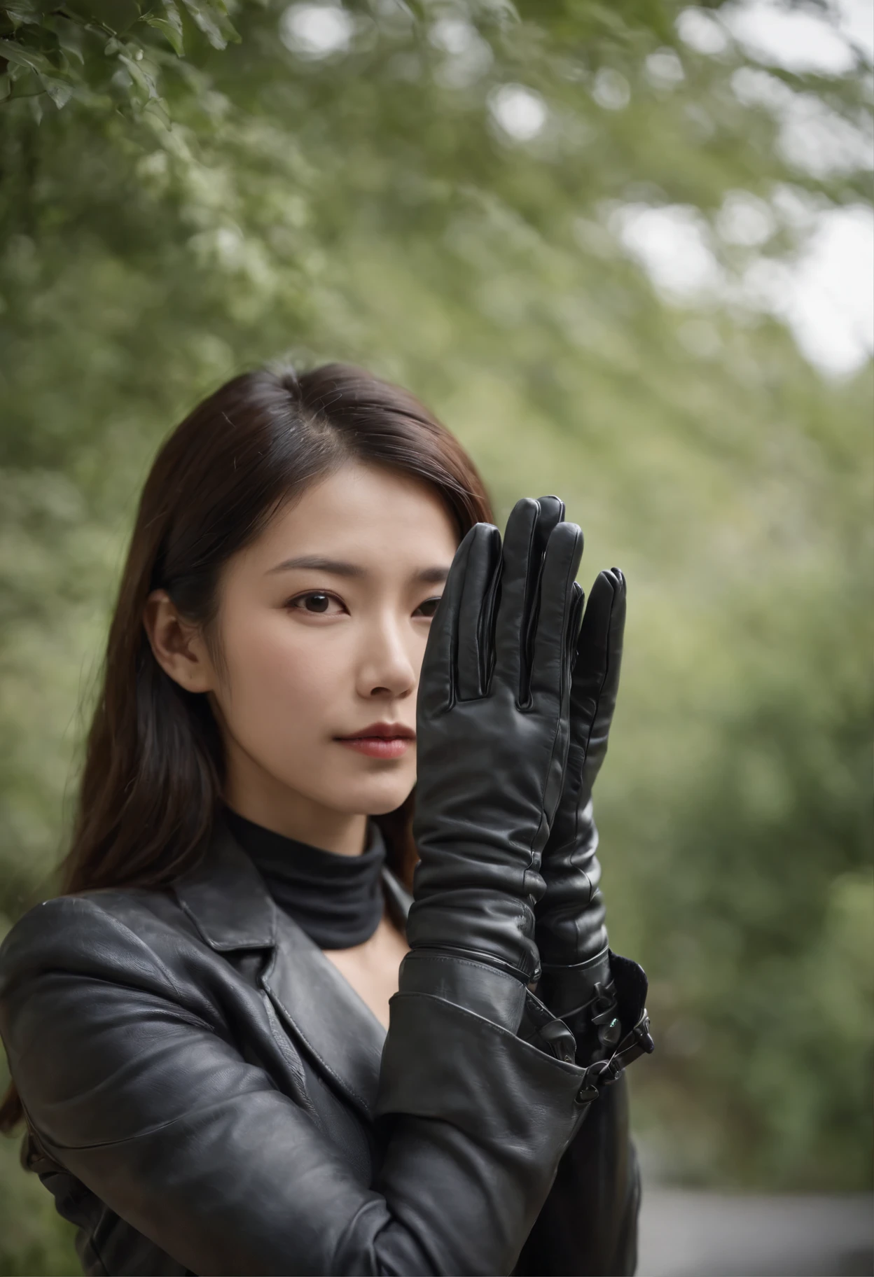 Black leather gloves　Rider Suit　A Japanese Lady