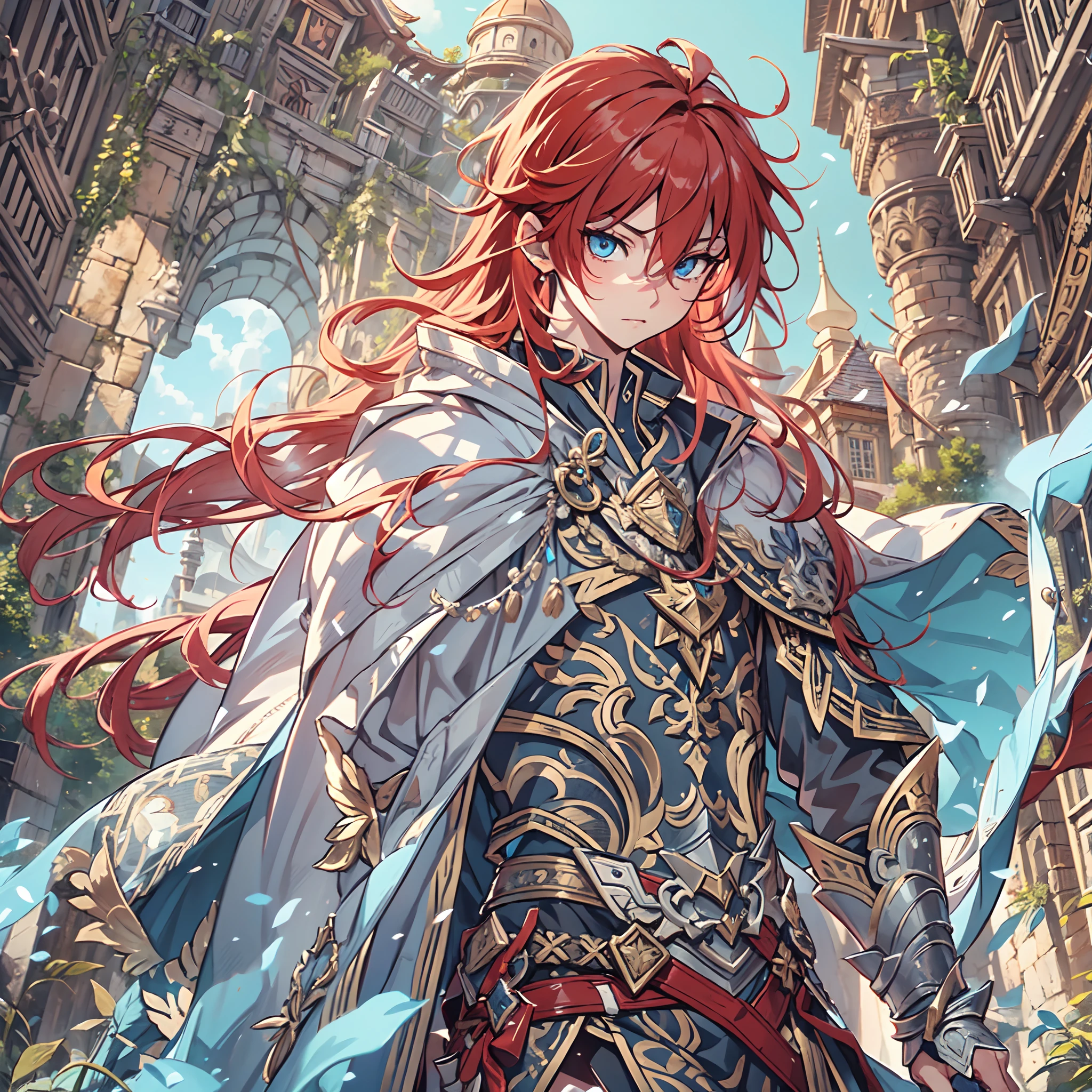 Ultra High Definition, Ultra High Quality, Extremely Detailed, Perfectly Detailed, Masterpiece, 8k, 1 Boy, Look A Like Xin From Kingdom Anime, Handsome, Equipped With Paladin Armor, Solid Light Blue Eyes, Long Red Hair, Body Shot, Ancient Kingdom Background