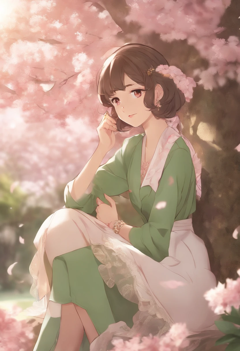 (Daisaku),(Need),(Super meticulous),(full bodyesbian:1.2),1girl,tchibi,adolable,ssmile,Open-mouthed,florals,exteriors,Hold a pencil in your left hand,The right hand holds the book,Music,Pink berets,Manteau,Blushlush,The tree,:3,The shirt,short detailed hair,SakuraNS,green headwear,Blurred,brunette color hair,longer sleeves,By bangs,Earphone,brunette color hair,pinkflower,(beautiful  detailed face),(美丽细致的眼睛),