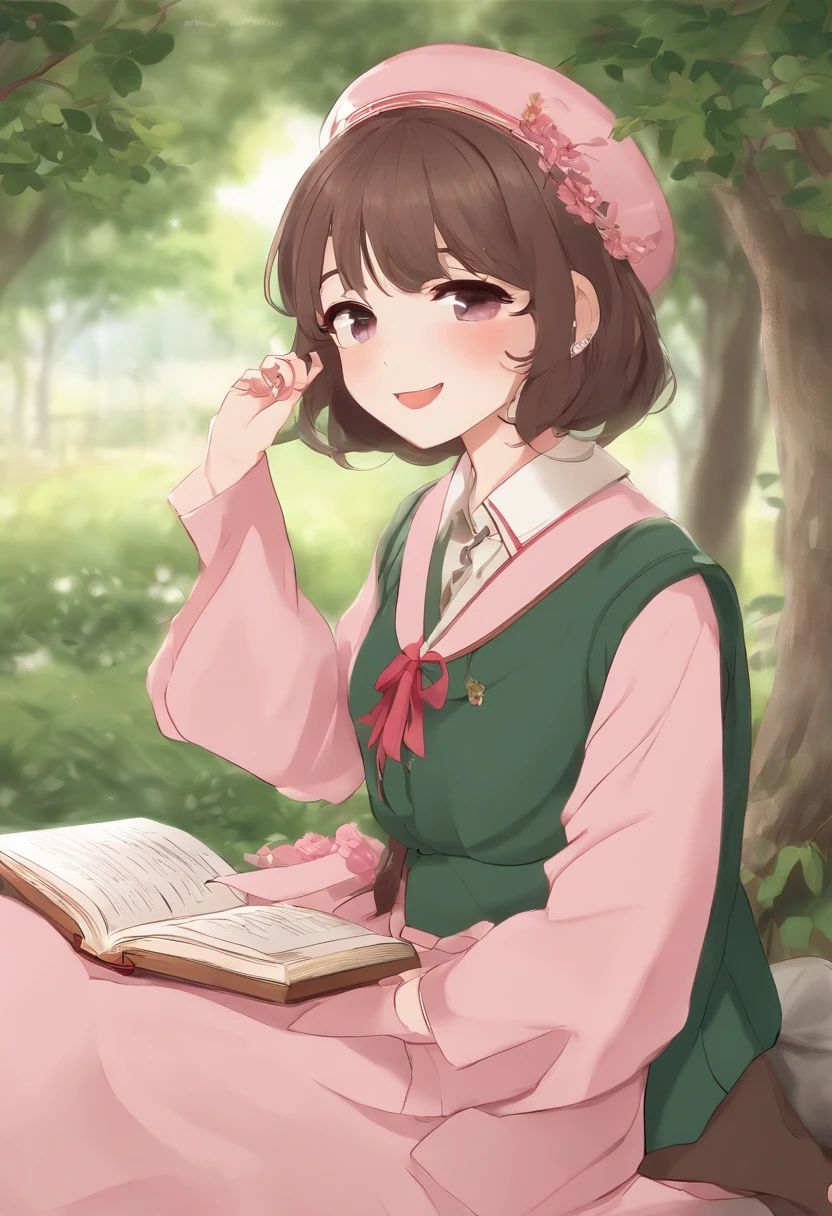 (Daisaku),(Need),(Super meticulous),(full bodyesbian:1.2),1girl,tchibi,adolable,ssmile,Open-mouthed,florals,exteriors,Hold a pencil in your left hand,The right hand holds the book,Music,Pink berets,Manteau,Blushlush,The tree,:3,The shirt,short detailed hair,SakuraNS,green headwear,Blurred,brunette color hair,longer sleeves,By bangs,Earphone,brunette color hair,pinkflower,(beautiful detailed face),(美丽细致的眼睛),
