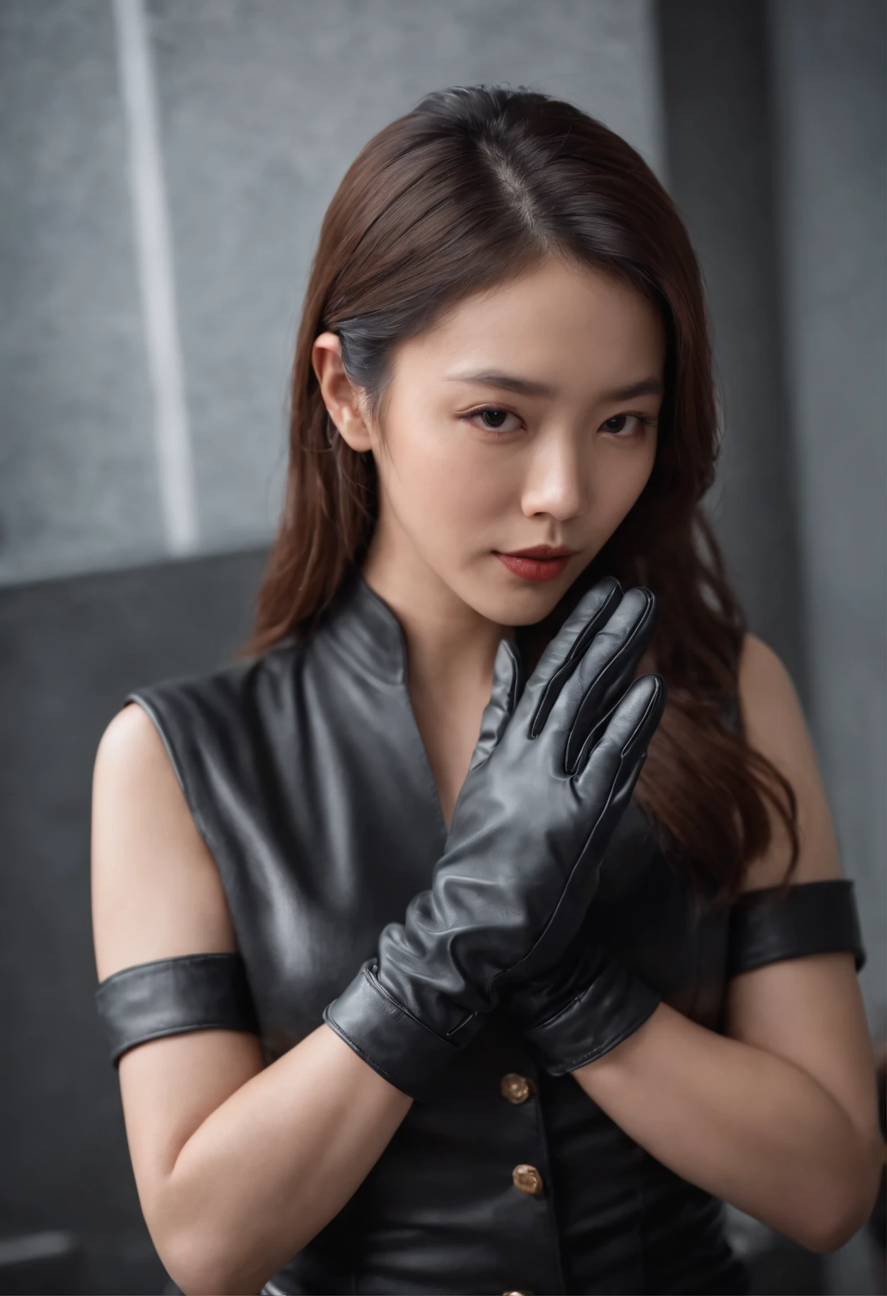 Black leather gloves Rider Suit A Japanese Lady