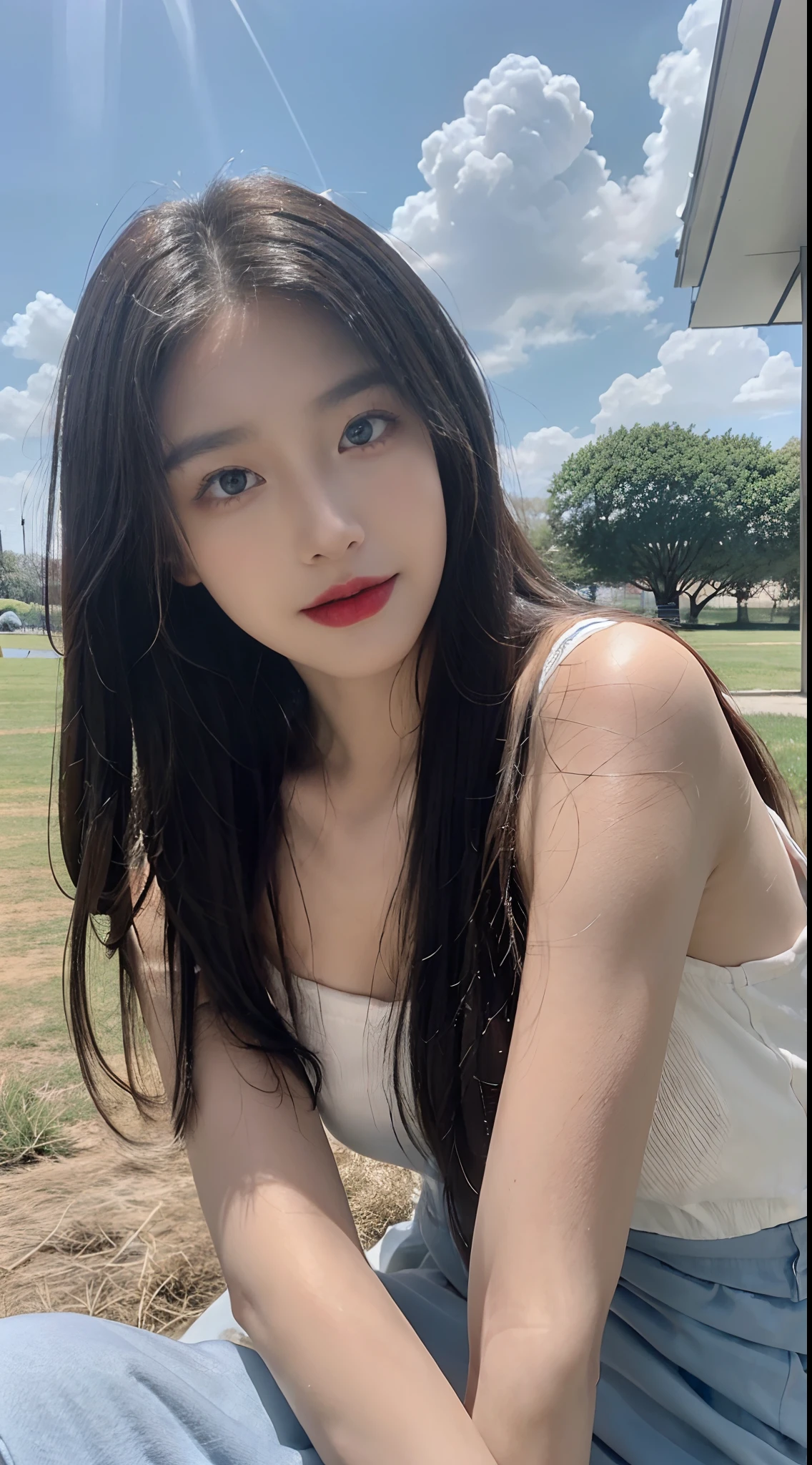 ((best qualtiy, 8K, tmasterpiece:1.3)), A pretty maiden,Pure,Melon seed face,gentle and cute,A sweet smile,Pure desire,Thin stature,(frontage),(Tilt your head),staring right into camera,uniform, Obi, formal,Black silky long, Straight hair,Long hair flowing over the shoulders,round black big eyes,Clear big eyes,Hydrated red lips,Sweet,Sit on the,with blue sky and white clouds,Blue skies,grassy fields,